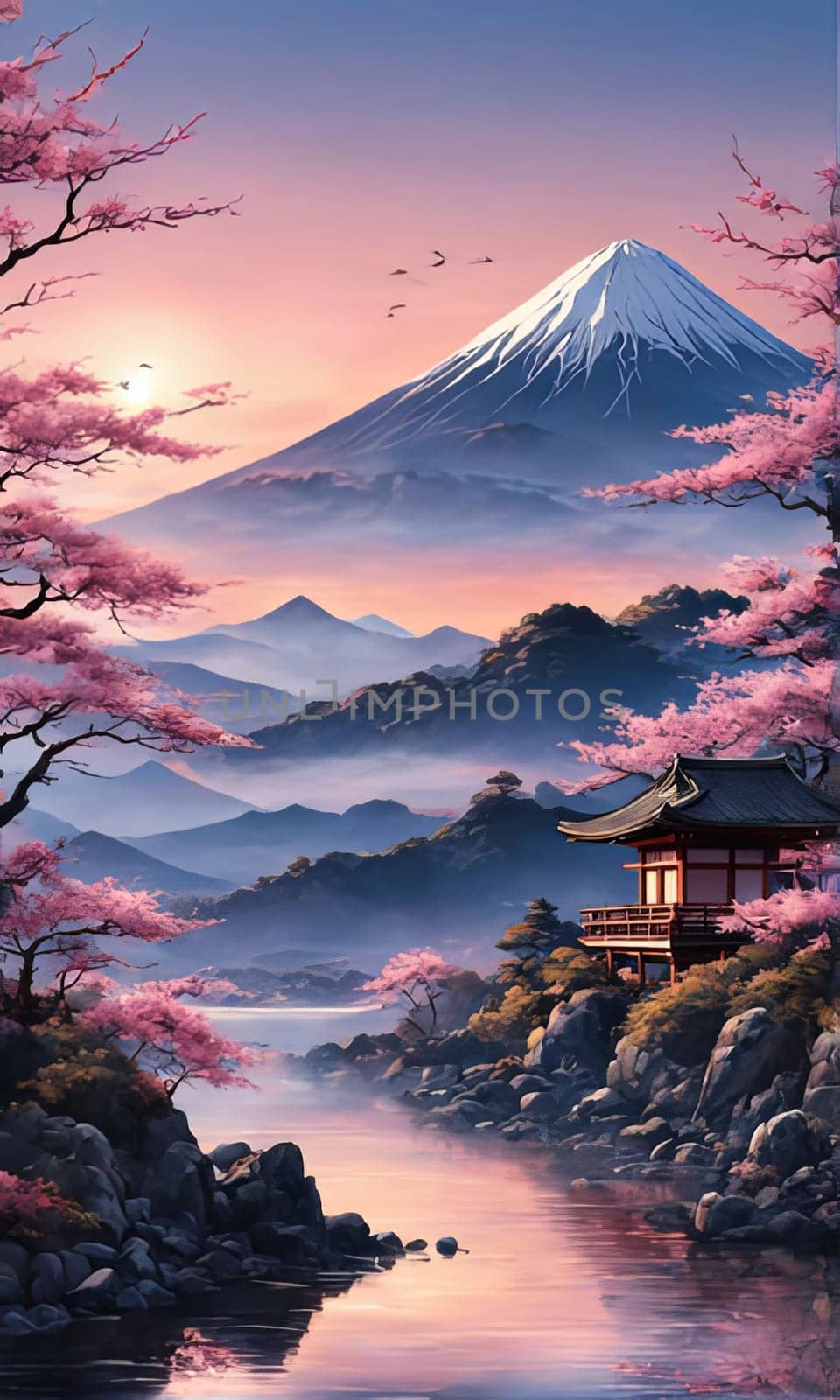 Japanese sunset over tranquil landscape, featuring traditional pagoda silhouetted against radiant sky. Blend of vibrant colors captures essence of peace. For art, creative projects, fashion, magazines