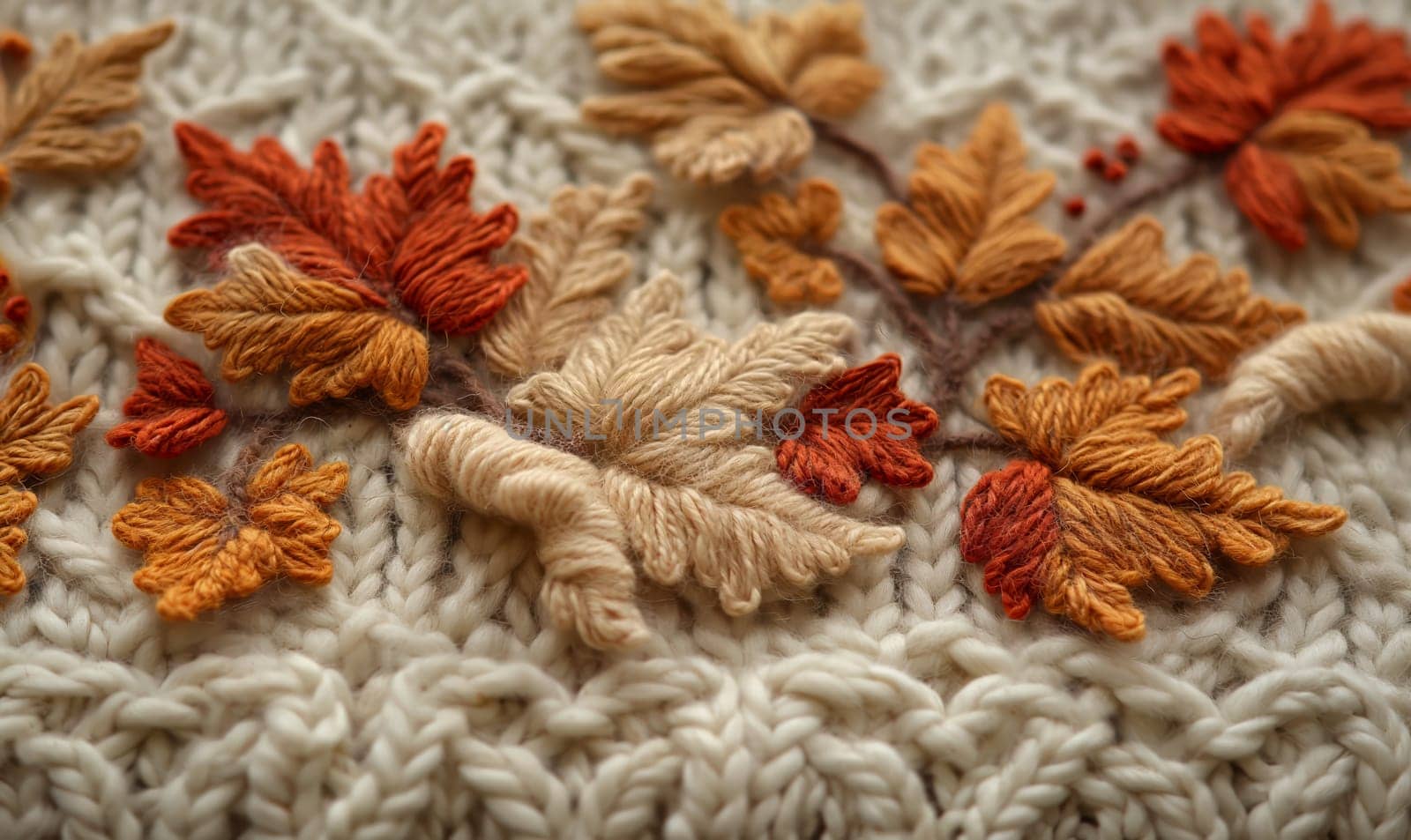Abstract knitted background, autumn knitted leaves close-up. Selective soft focus.