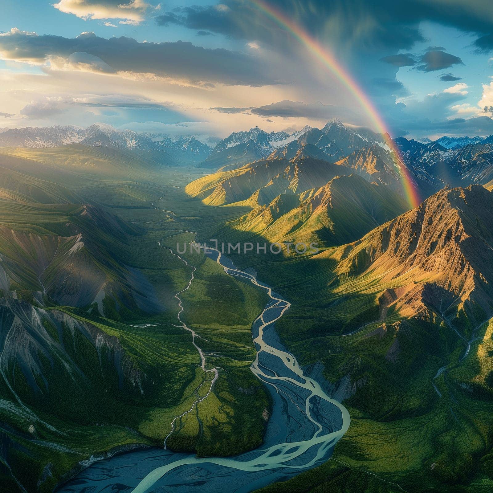 Rainbow over a green mountain range by NeuroSky