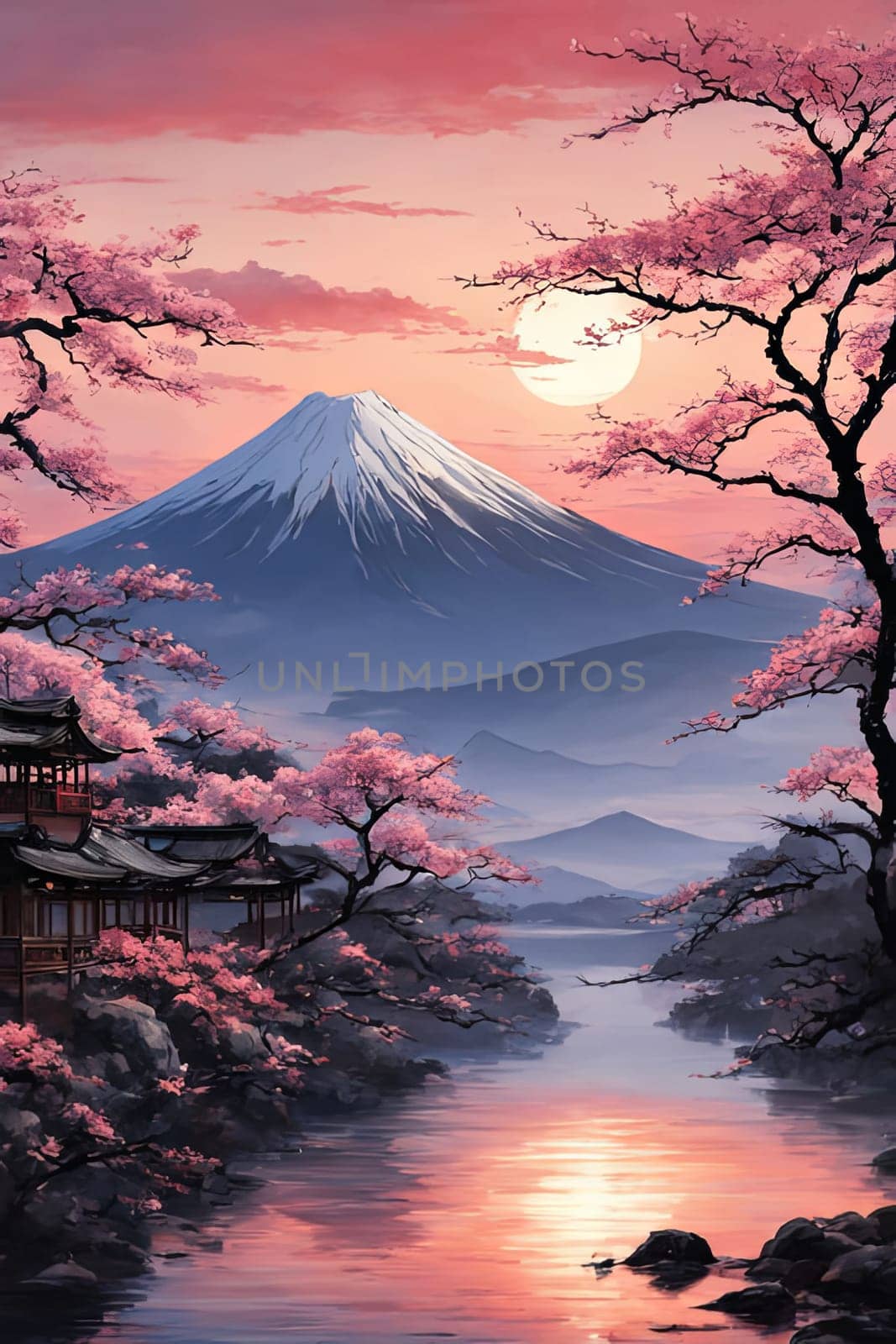 Japanese pagoda set against iconic Mount Fuji, capturing essence of traditional Japanese landscape, architecture. For art, creative projects, fashion, style, advertising campaigns, web design, print