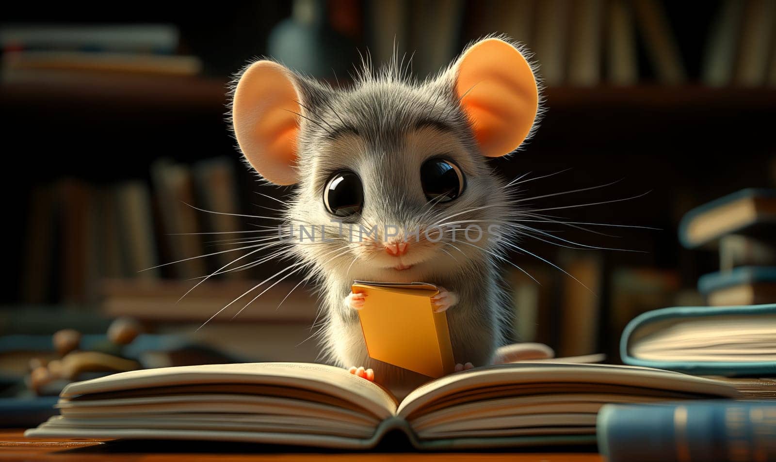 3D illustration of a mouse with books. Selective soft focus.