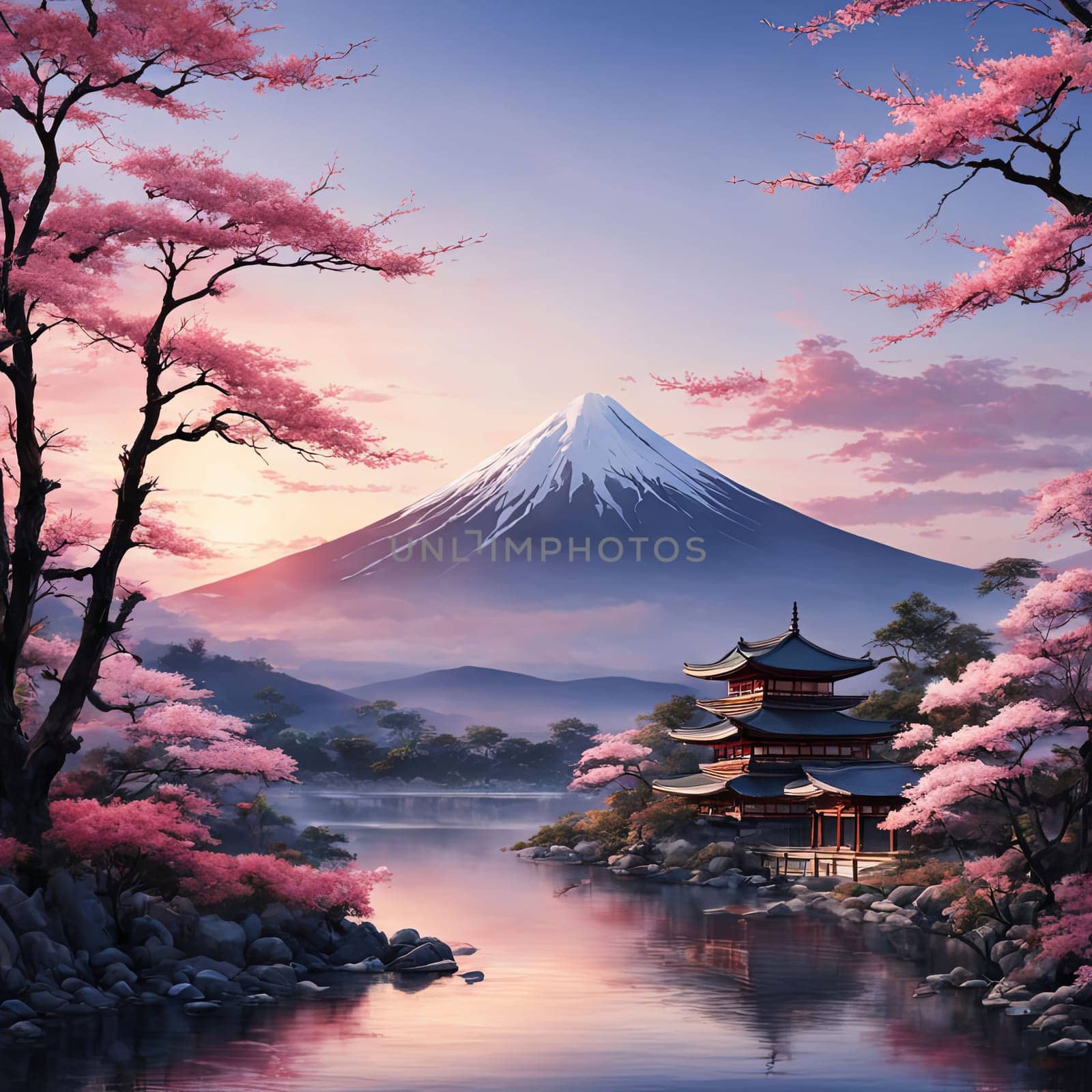 Japanese pagoda set against iconic Mount Fuji, capturing essence of traditional Japanese landscape, architecture. For art, creative projects, fashion, style, advertising campaigns, web design, print. by Angelsmoon