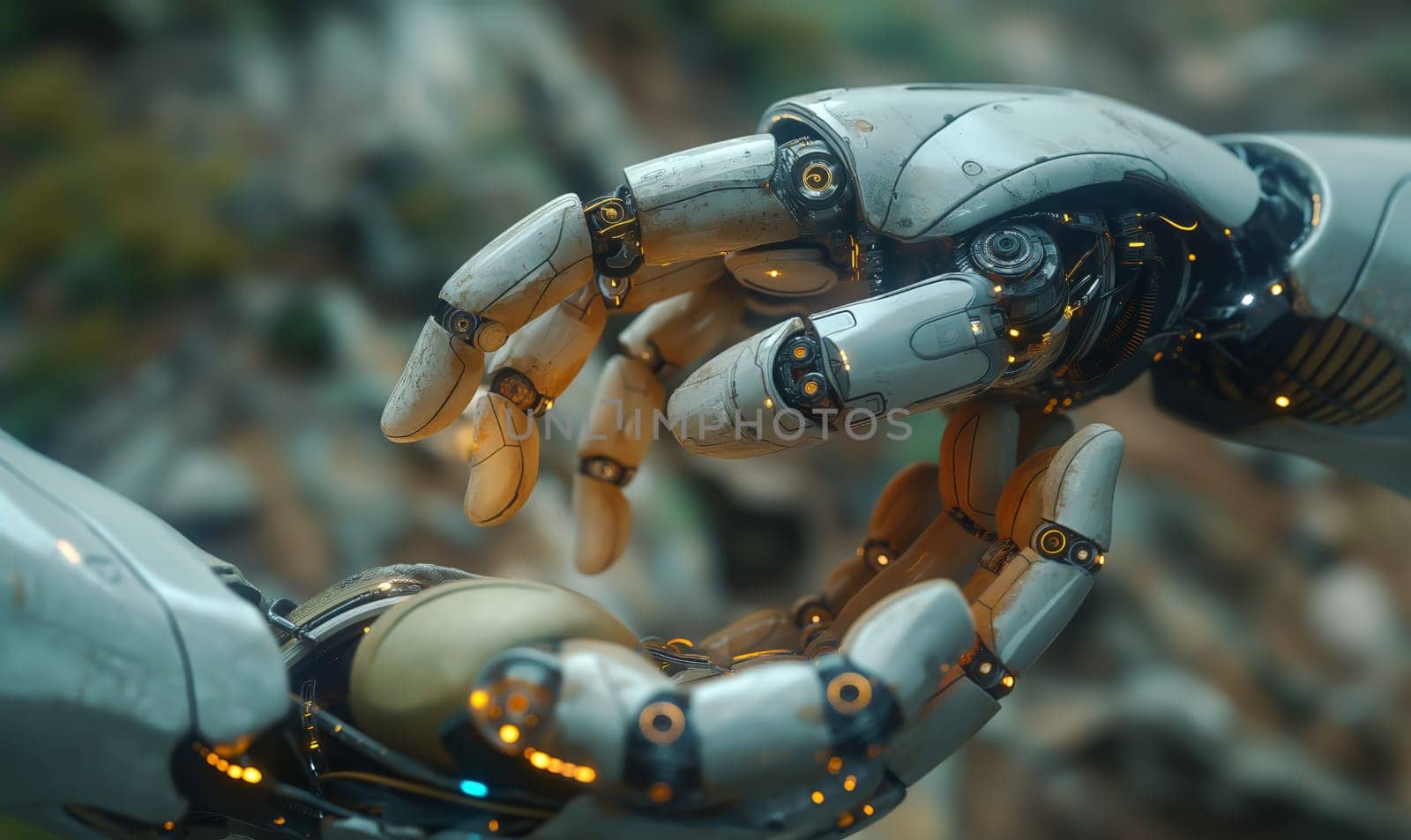 Futuristic robots on an abstract background. Selective soft focus.