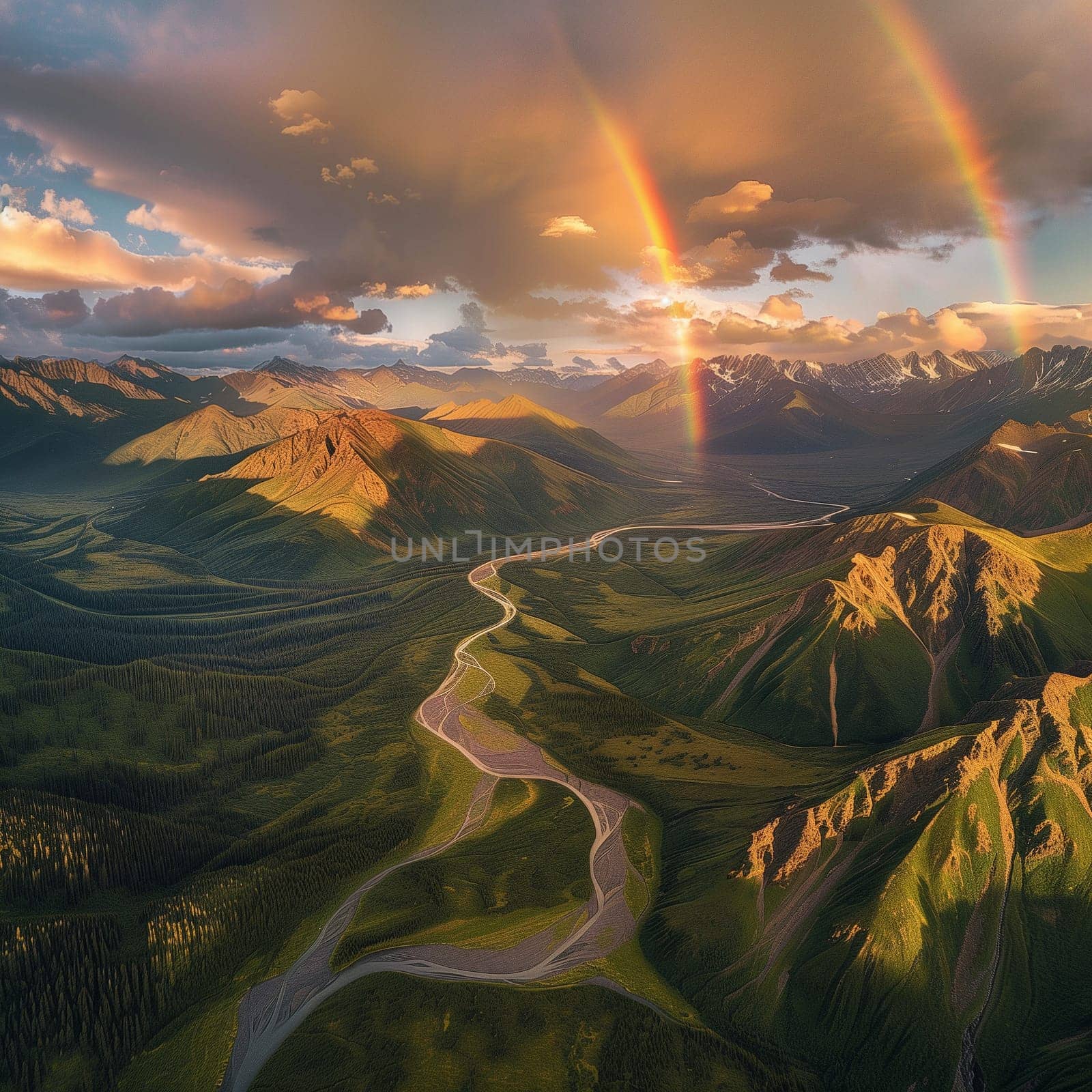 Rainbow over a green mountain range by NeuroSky