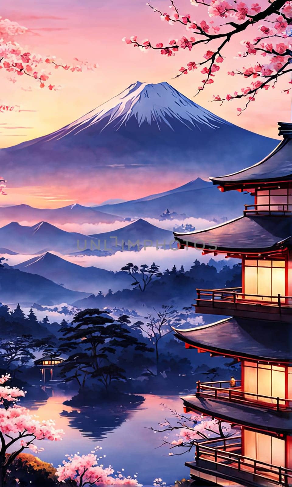 Traditional Japanese pagoda with iconic Mount Fuji in background, capturing essence of Japans natural beauty, cultural heritage. For interior, commercial spaces to create stylish atmosphere, print