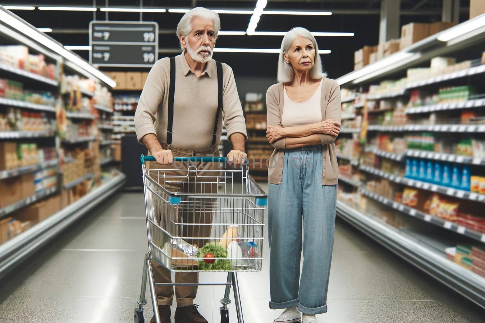 An elderly couple with a half-empty shopping cart between supermarket displays by Annado