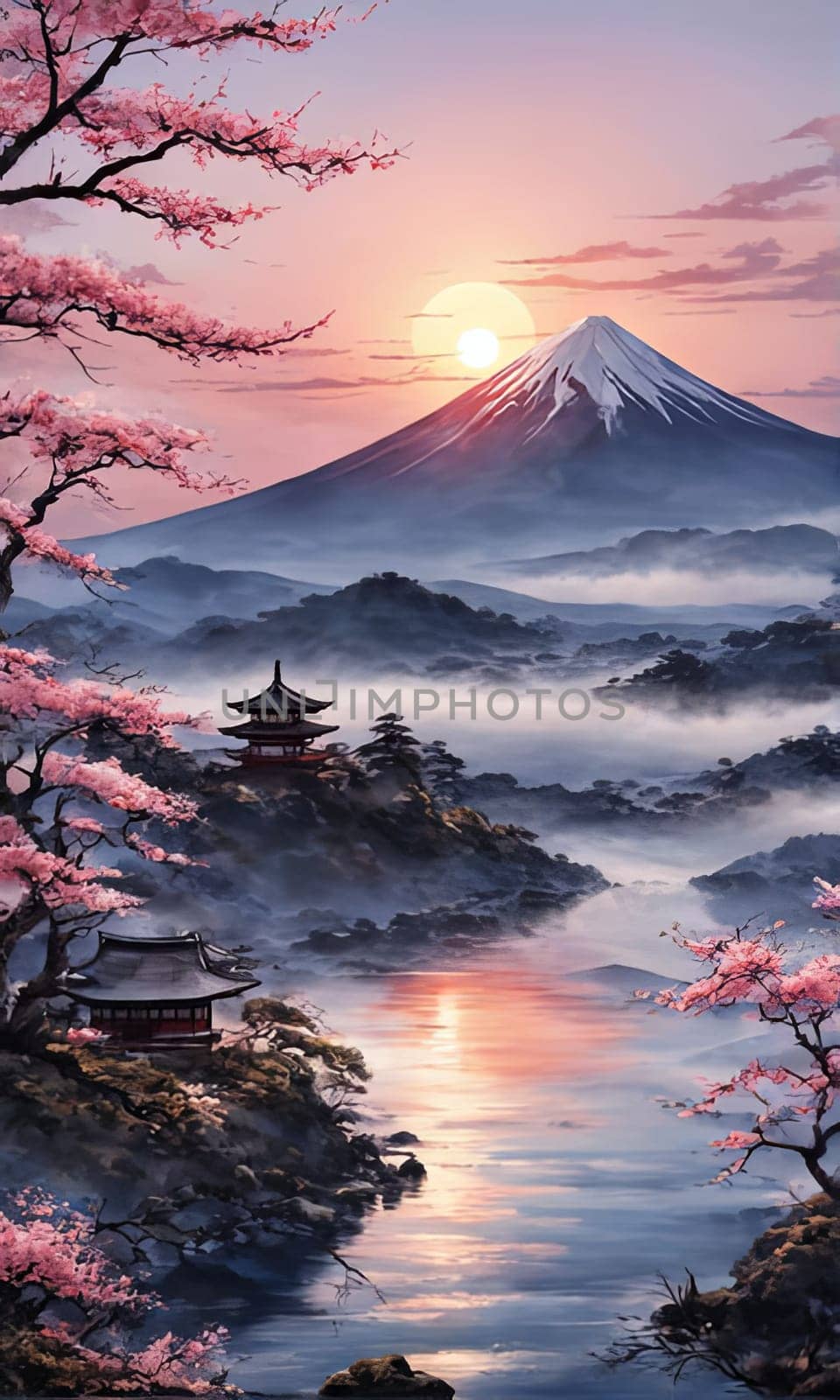 Traditional Japanese pagoda with iconic Mount Fuji in background, capturing essence of Japans natural beauty, cultural heritage. For interior, commercial spaces to create stylish atmosphere, print