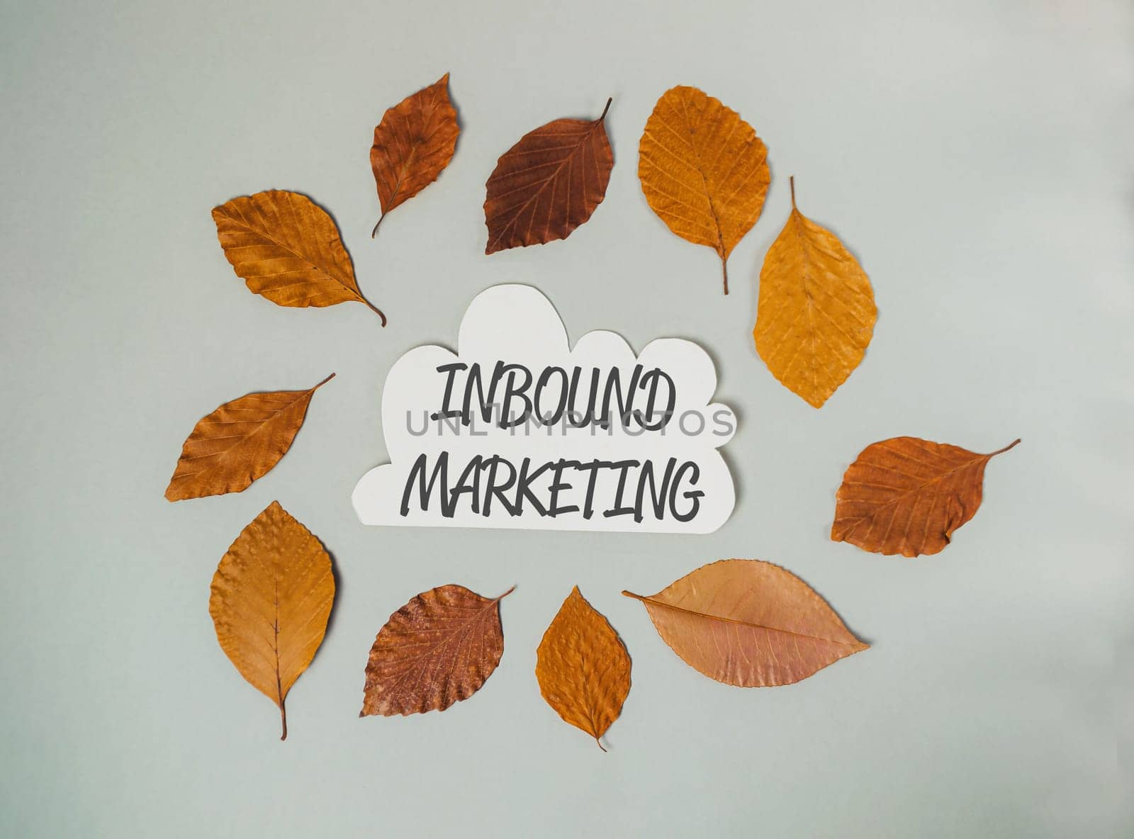 A leafy circle with the word Inbound Marketing written in the center. The leaves are scattered around the circle, creating a sense of abundance and growth