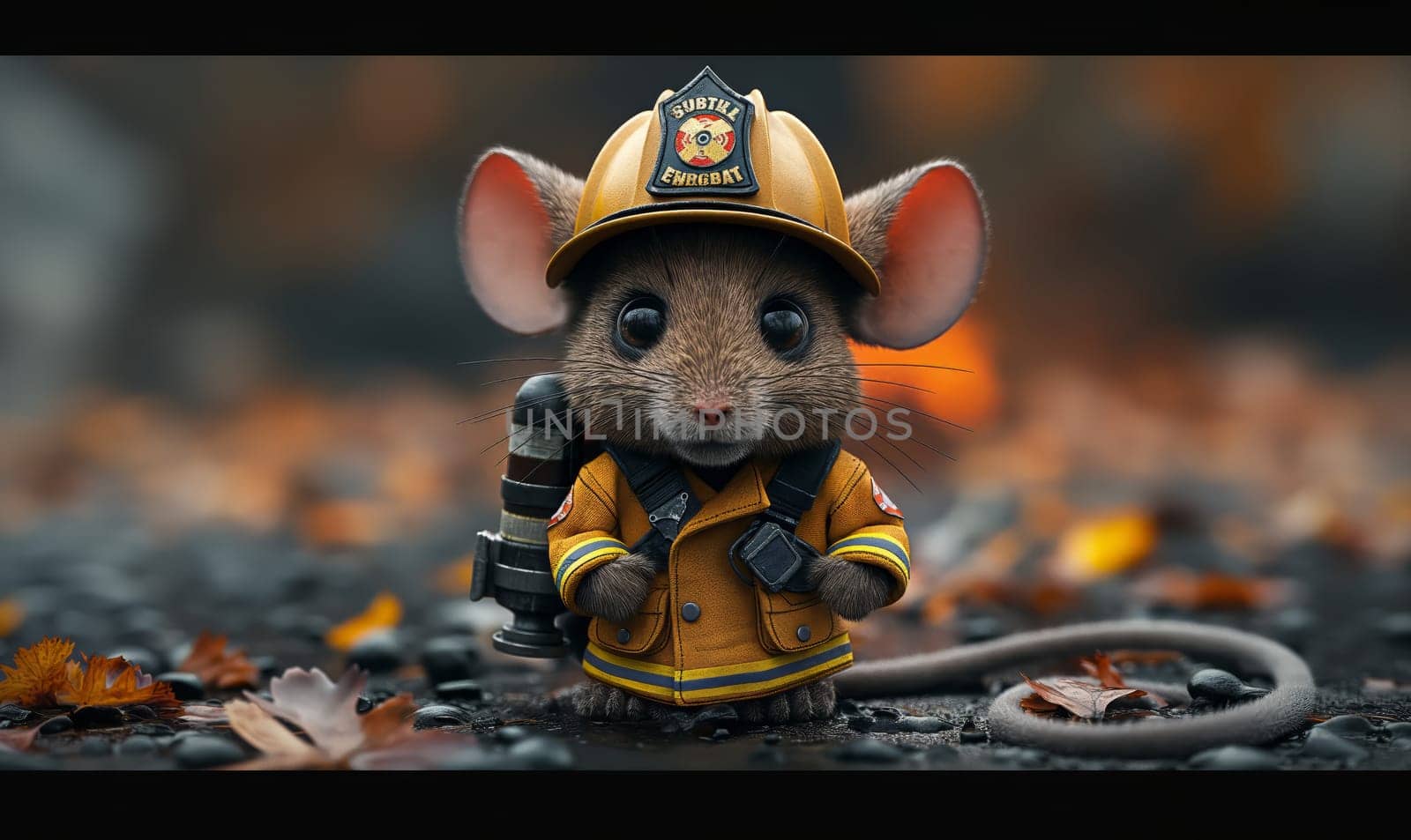 Illustration, mouse fireman on a blurred background. by Fischeron