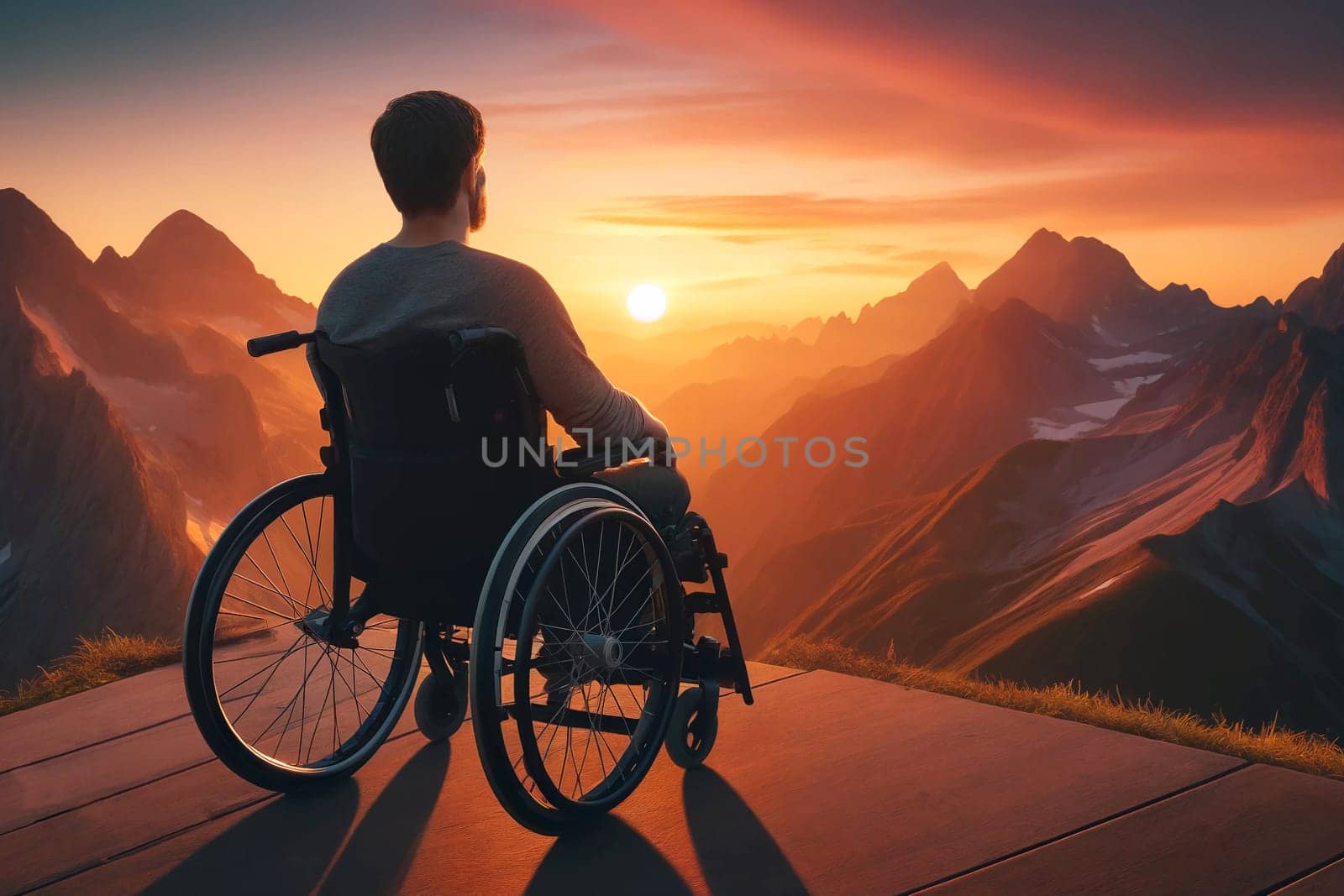 A man in a wheelchair on top of a mountain contemplating the sunset.