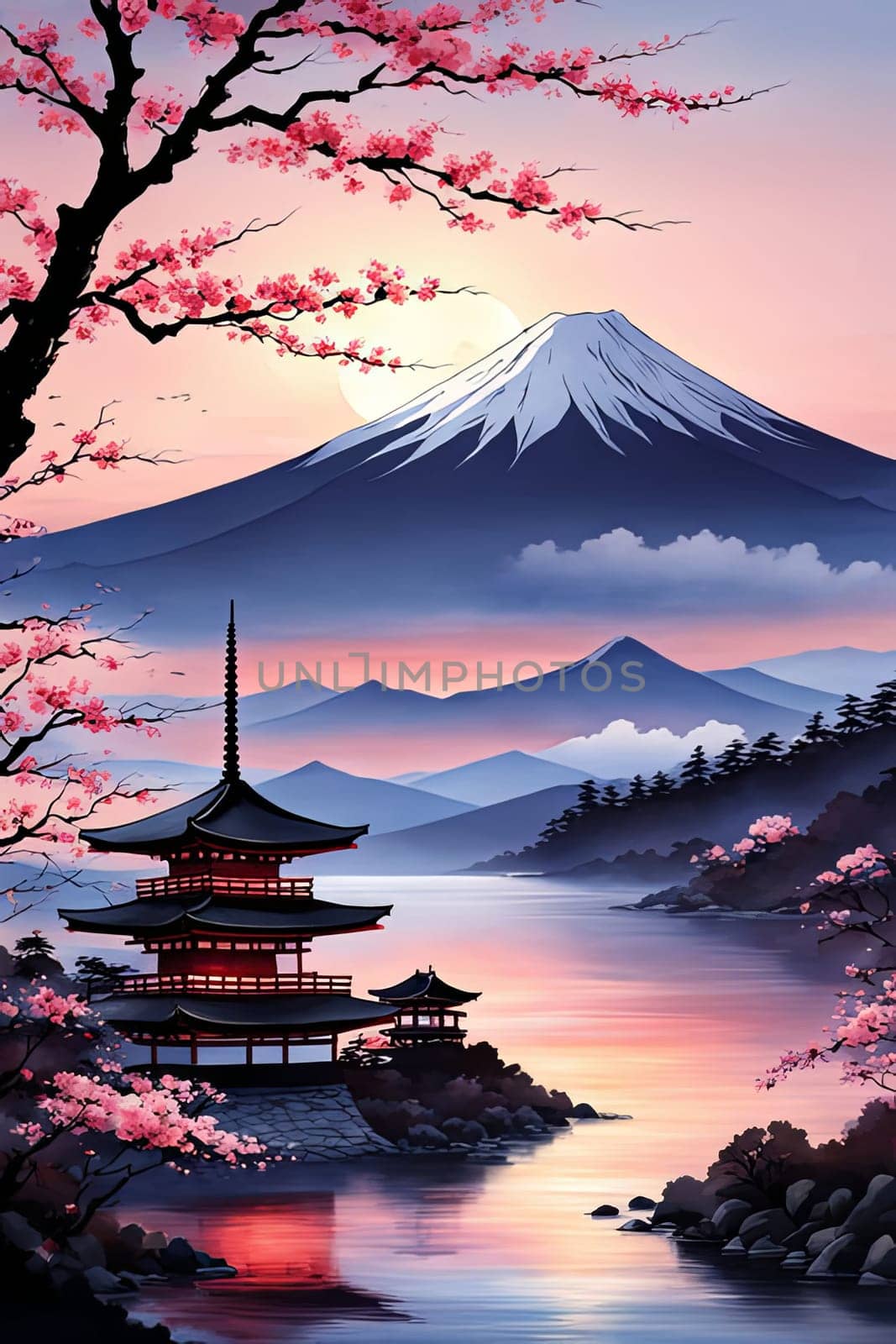 Traditional Japanese pagoda with iconic Mount Fuji in background, capturing essence of Japans natural beauty, cultural heritage. For interior, commercial spaces to create stylish atmosphere, print