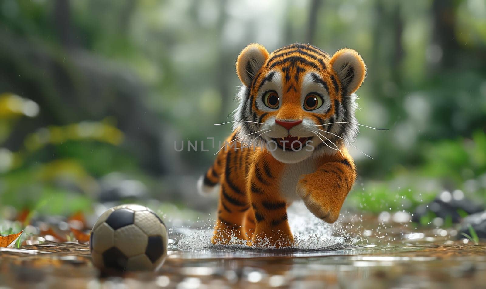 3D illustration of a tiger playing football. Selective soft focus.