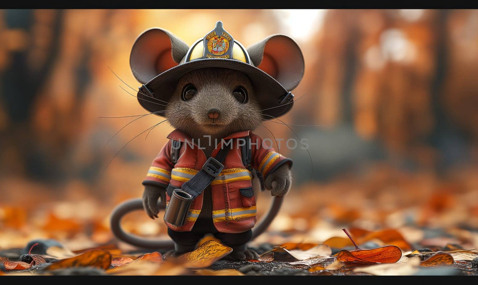 Illustration, mouse fireman on a blurred background. Selective soft focus.