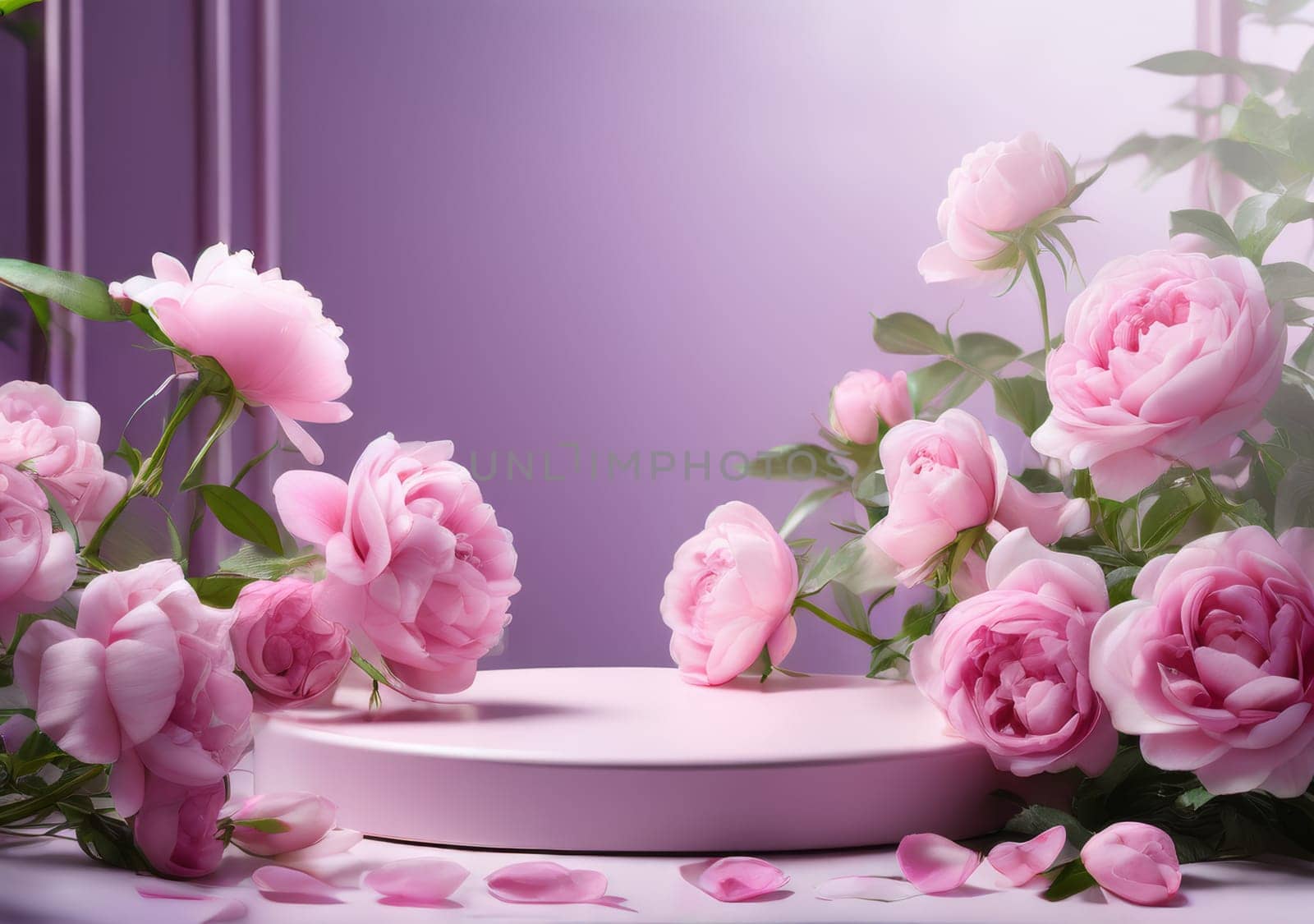 Low Empty Podium with background pink buds peonies flowers. Podium mockup for product 3d. spring table beauty stand display nature. Podium adorned with pink flowers. Display with flowers for cosmetic