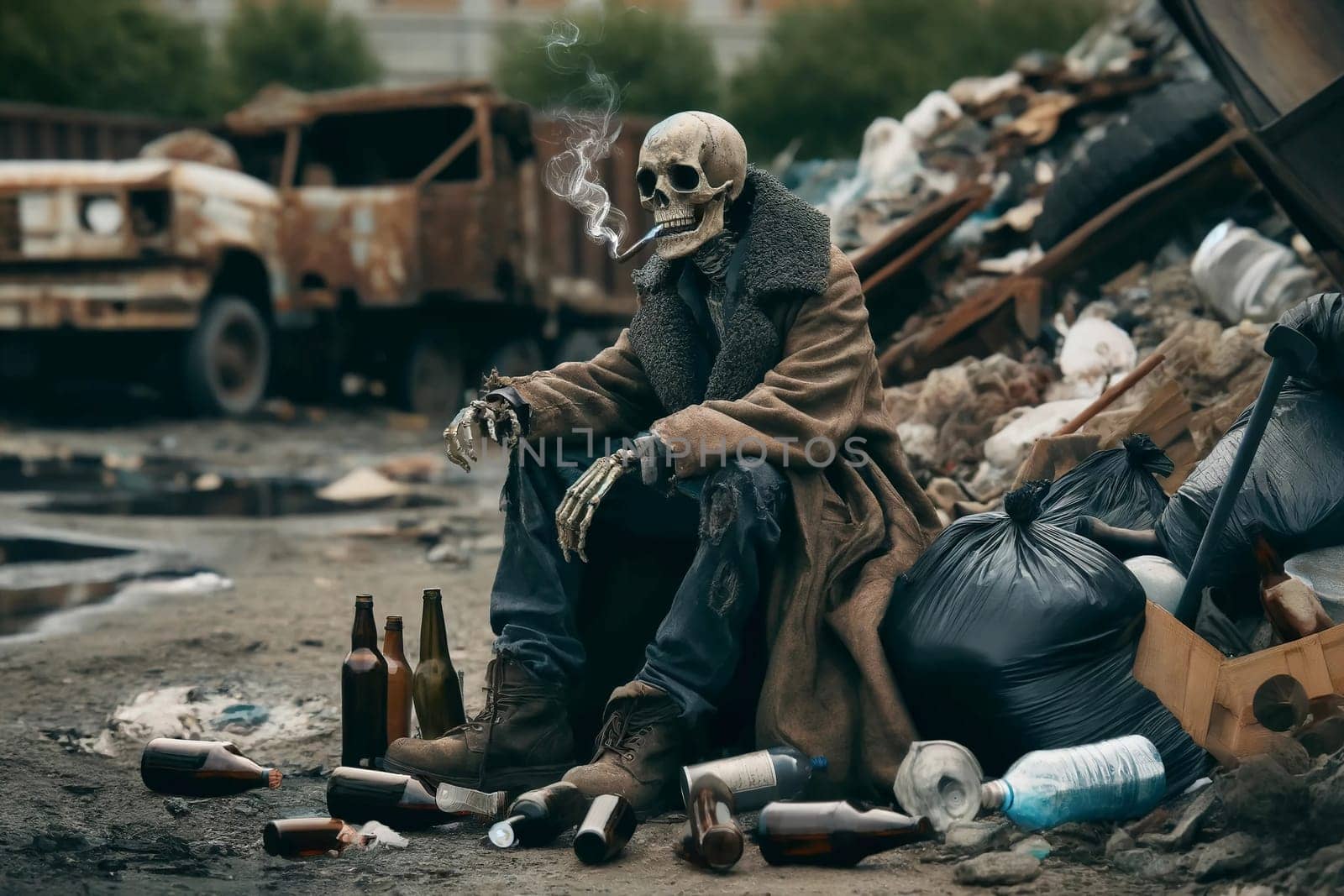 A skeleton in a torn coat and pants sits in a garbage dump with a smoking cigarette in his teeth by Annado