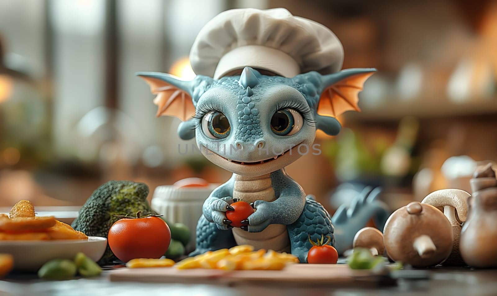 Illustration of a baby dragon preparing food. Selective soft focus.