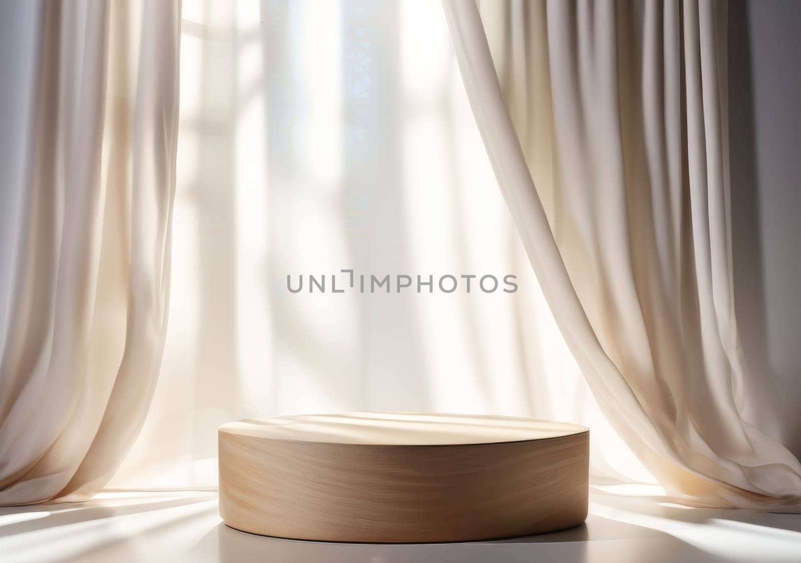 Empty modern round wooden podium with curtain drapes in sunlight for luxury cosmetic beauty product display background. 3d podium light beige background and fabric curtain with spotlight luxury