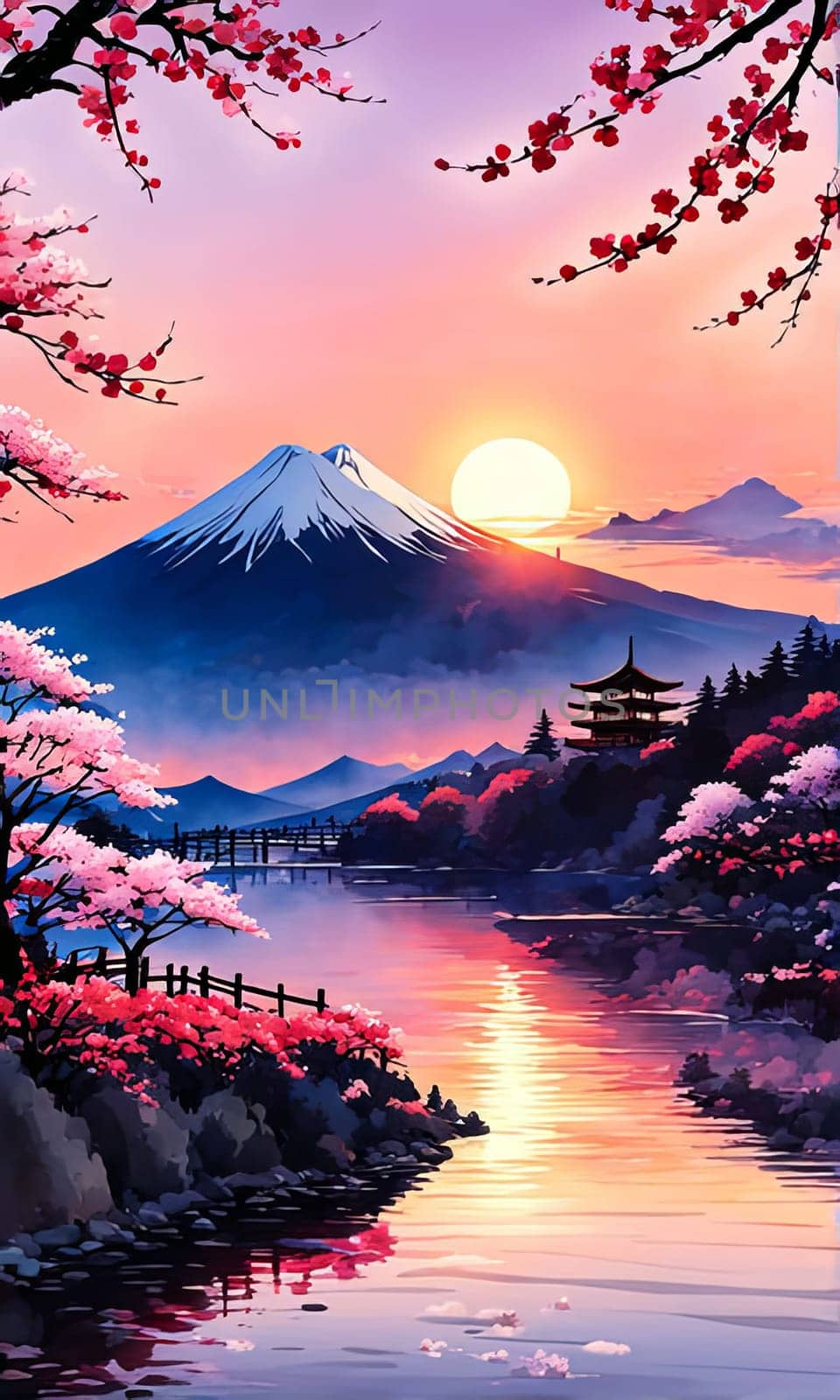 Serene landscape with mountain, pagoda in background. For meditation apps, on covers of books about spiritual growth, in designs for yoga studios, spa salons, illustration for articles on inner peace