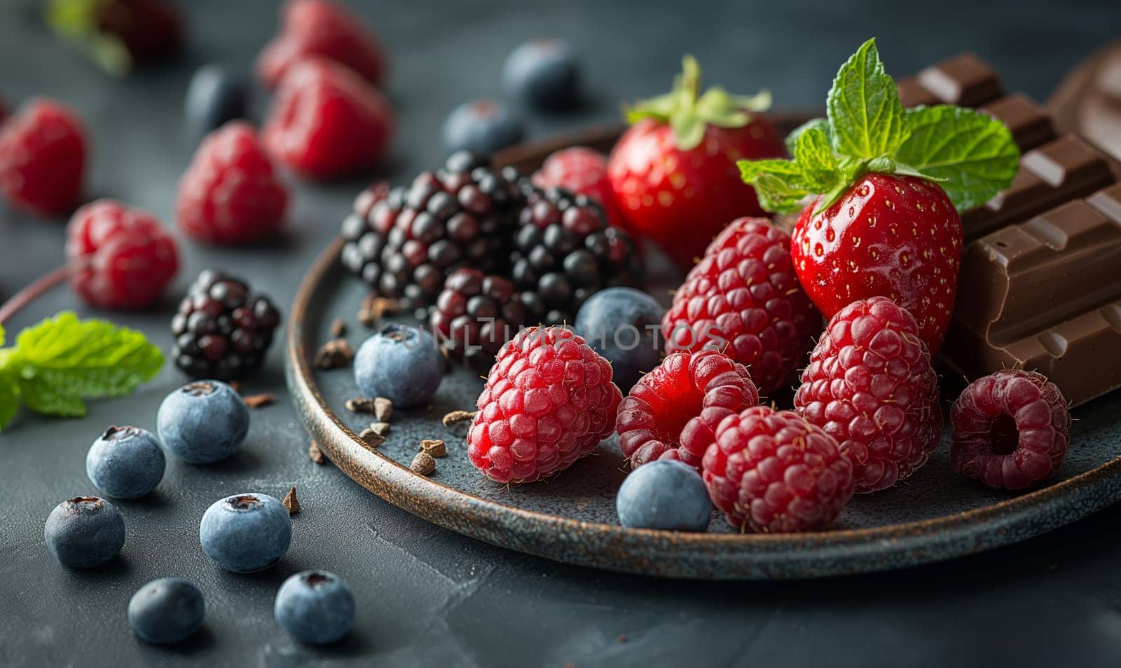 Chocolate and fresh berries on the table. Selective soft focus.