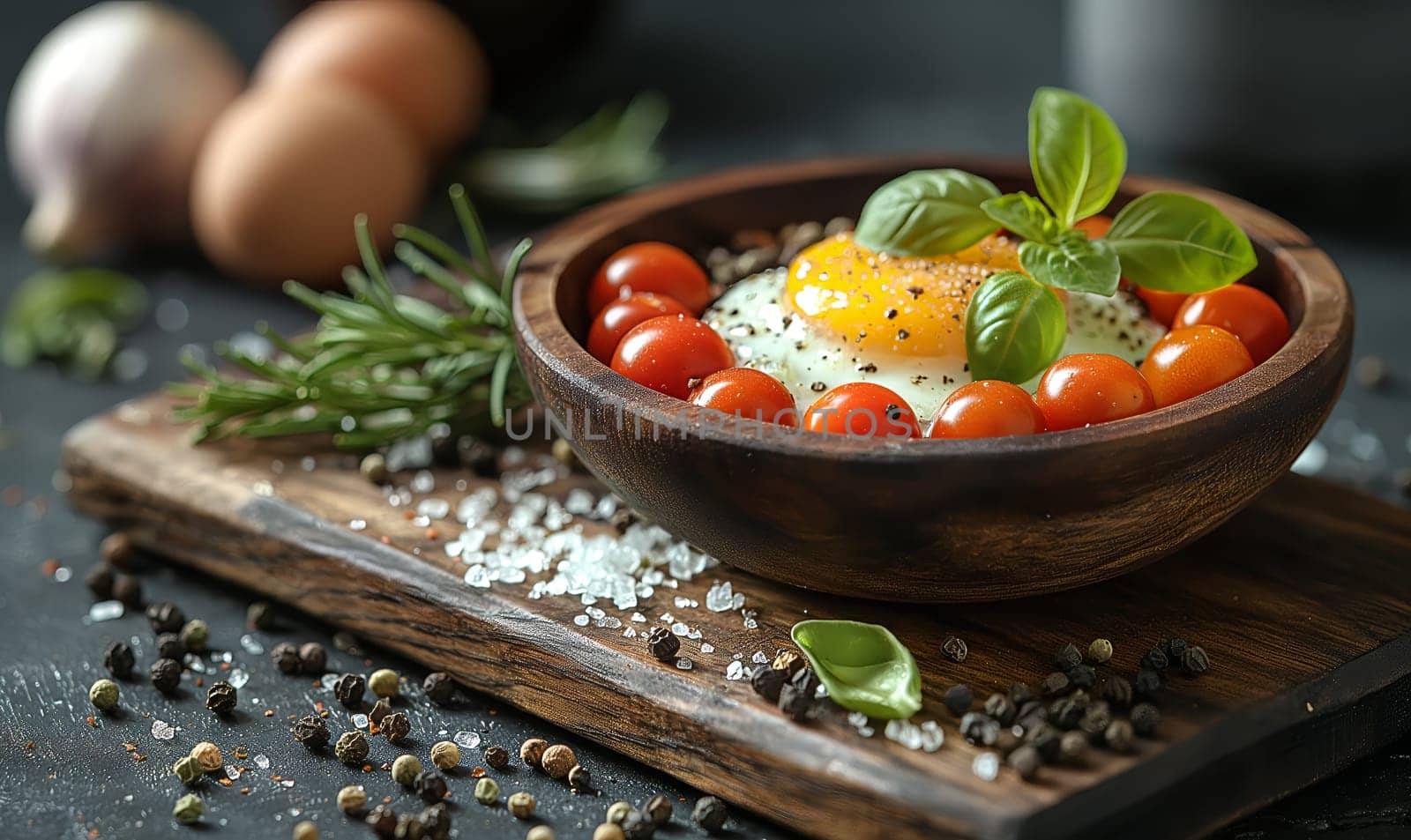 Cooked egg in a cup on the table. Selective soft focus.