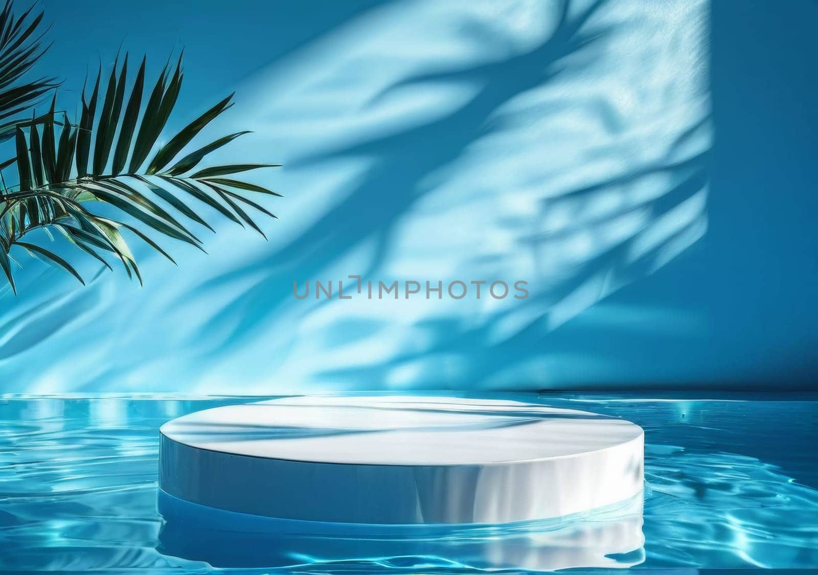White round podium floating in pool blue water surface with shadows. White pedestal podium on pool background, products display mockup. Showcase stage display. Pedestal for product presentation