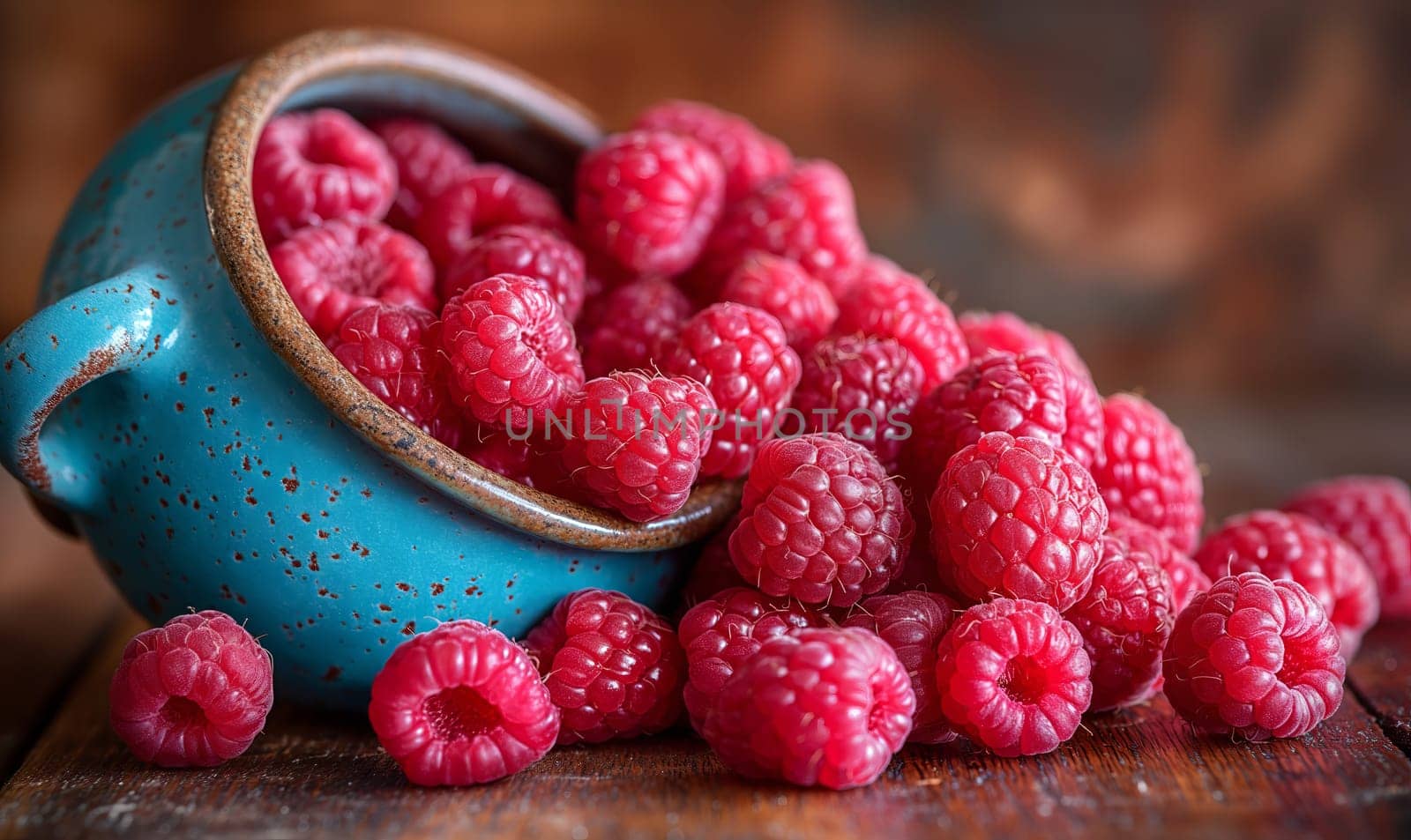 Ripe raspberries on the table and in a ceramic bowl. Selective soft focus.