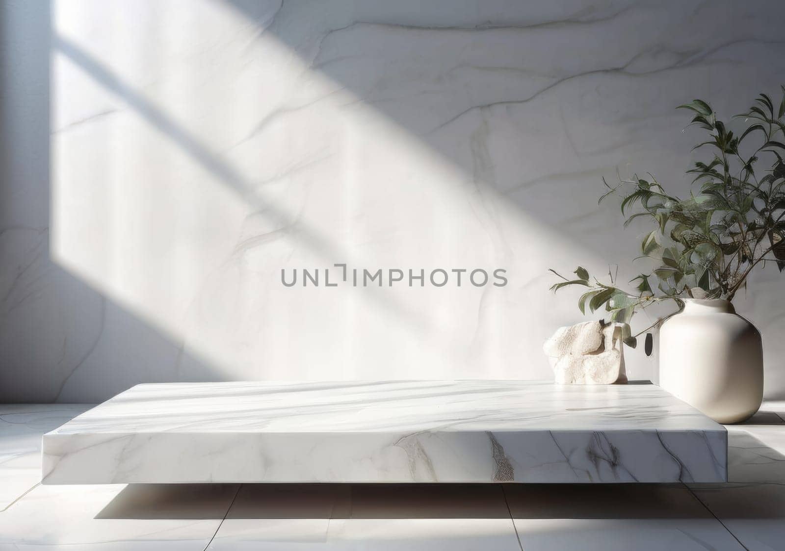 White stone table top and background of white marble stone wall. White marble podium with shadows. White pedestal podium, products display mockup. Showcase stage display. Pedestal for product presentation