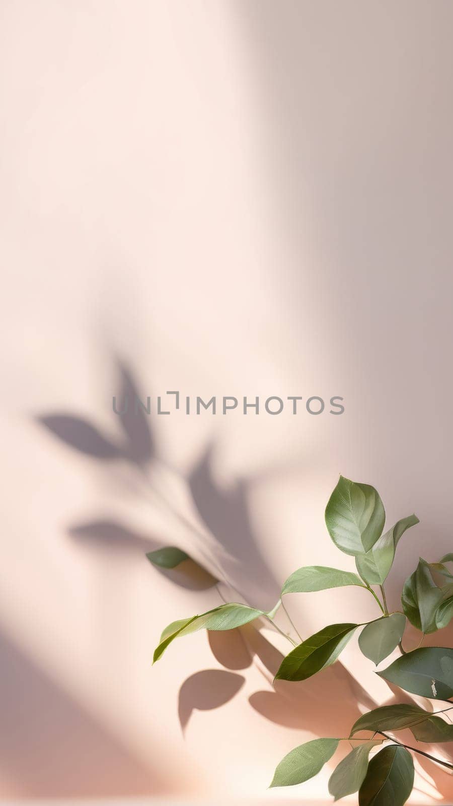 Minimalistic abstract gentle light beige wall background for product presentation or social media stories backdrop template. Green leaves aesthetic with beautiful light and intricate shadow. Vertical