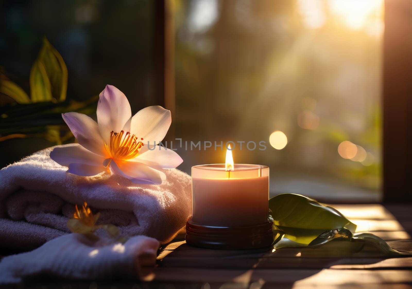 Beautiful aesthetic spa room with candle and flower. Spacious room with large windows in private house. SPA, resort and relax concept