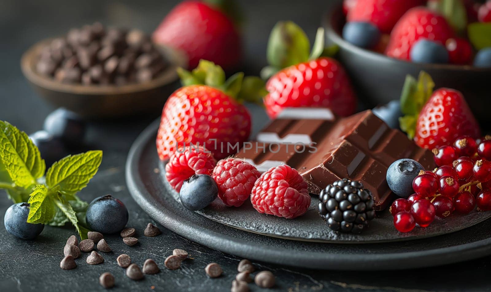Chocolate and fresh berries on the table. Selective soft focus.