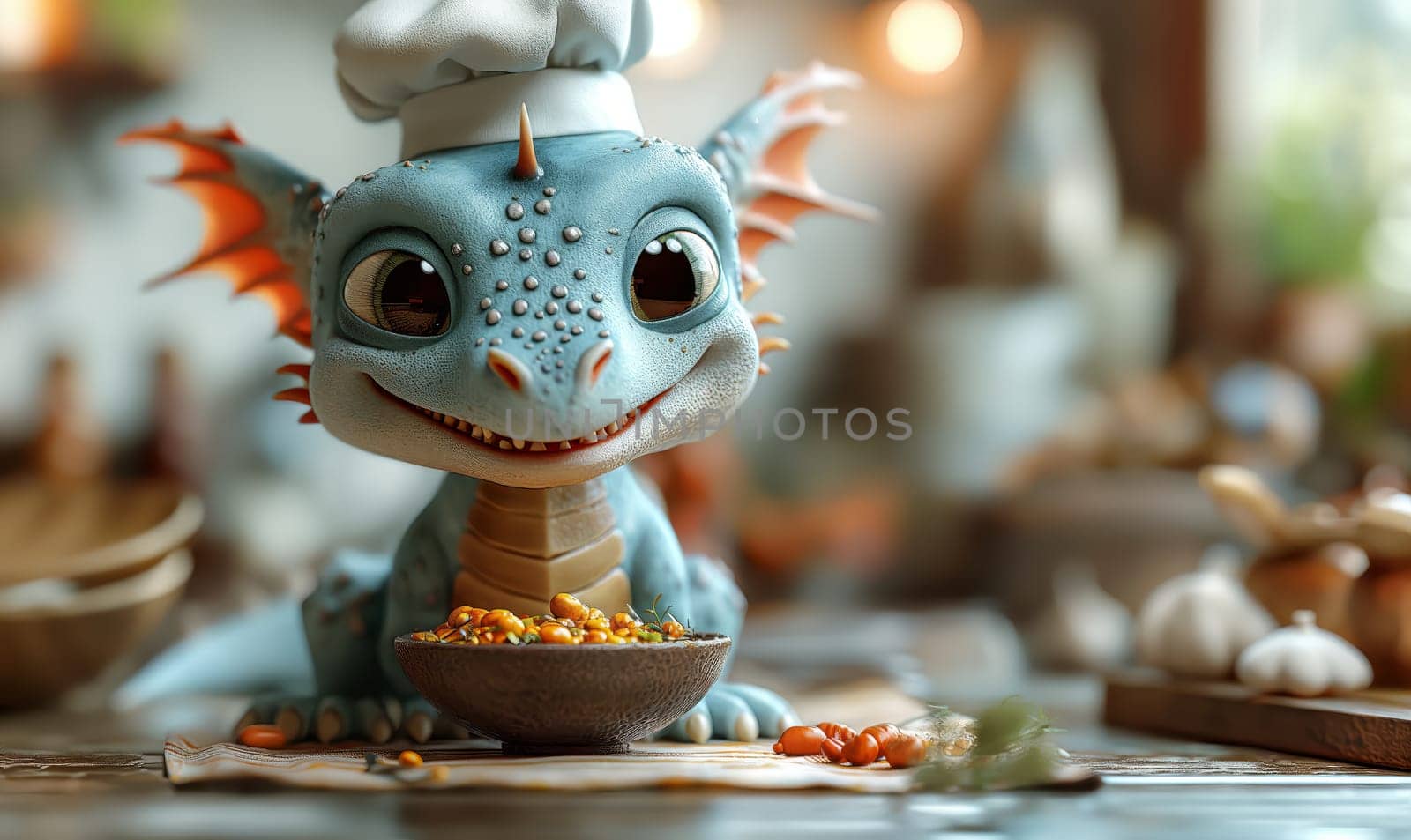 Illustration of a baby dragon preparing food. Selective soft focus.