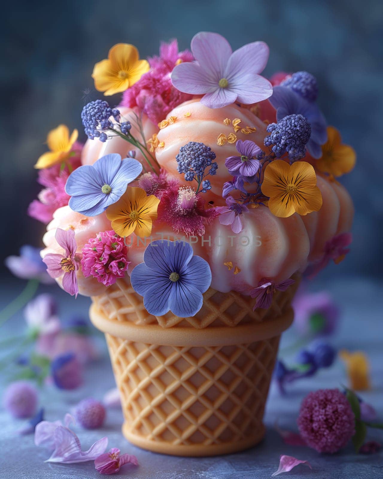 Flower ice cream in a waffle cup. Selective soft focus.