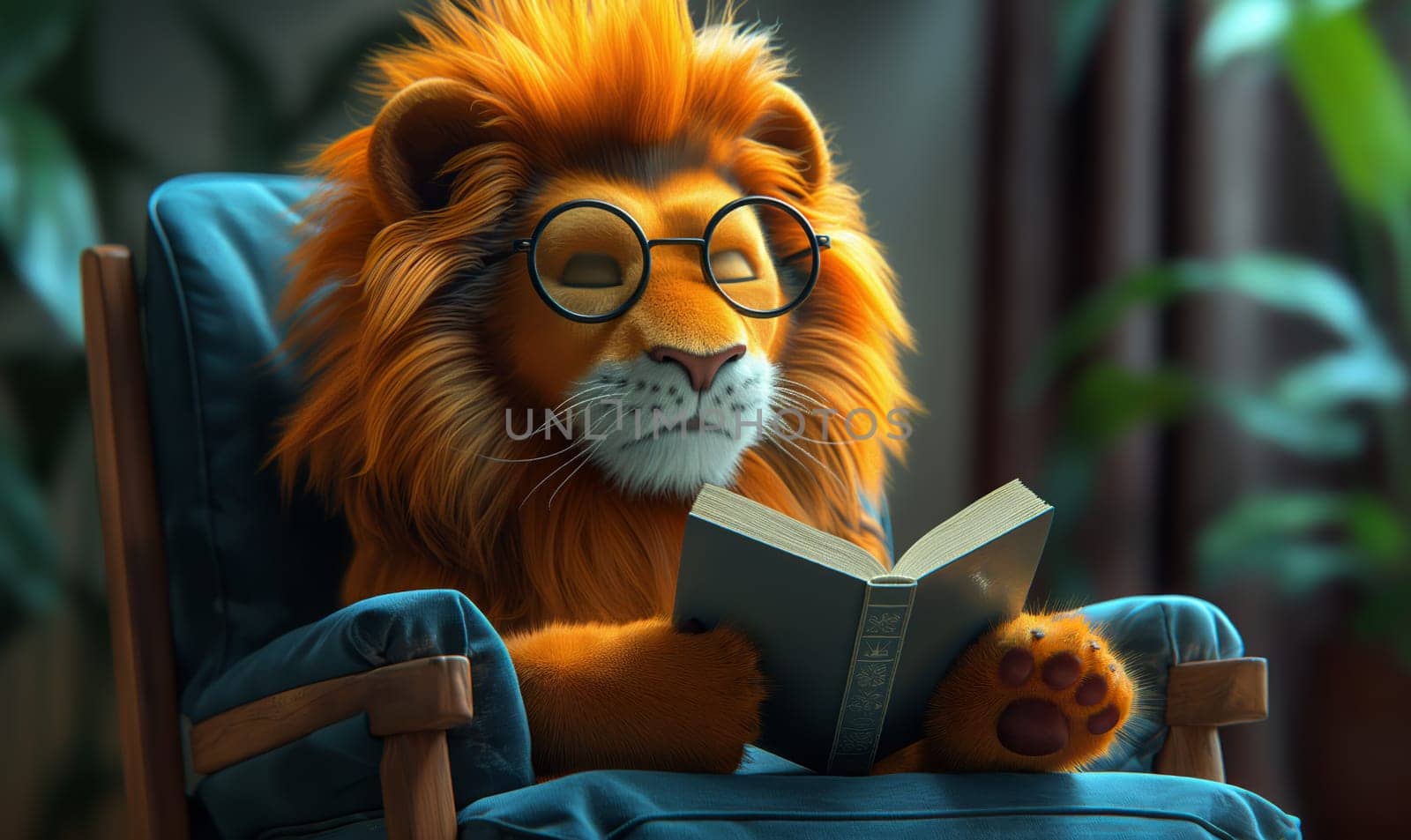 3D illustration of a lion reading a book. Selective soft focus.