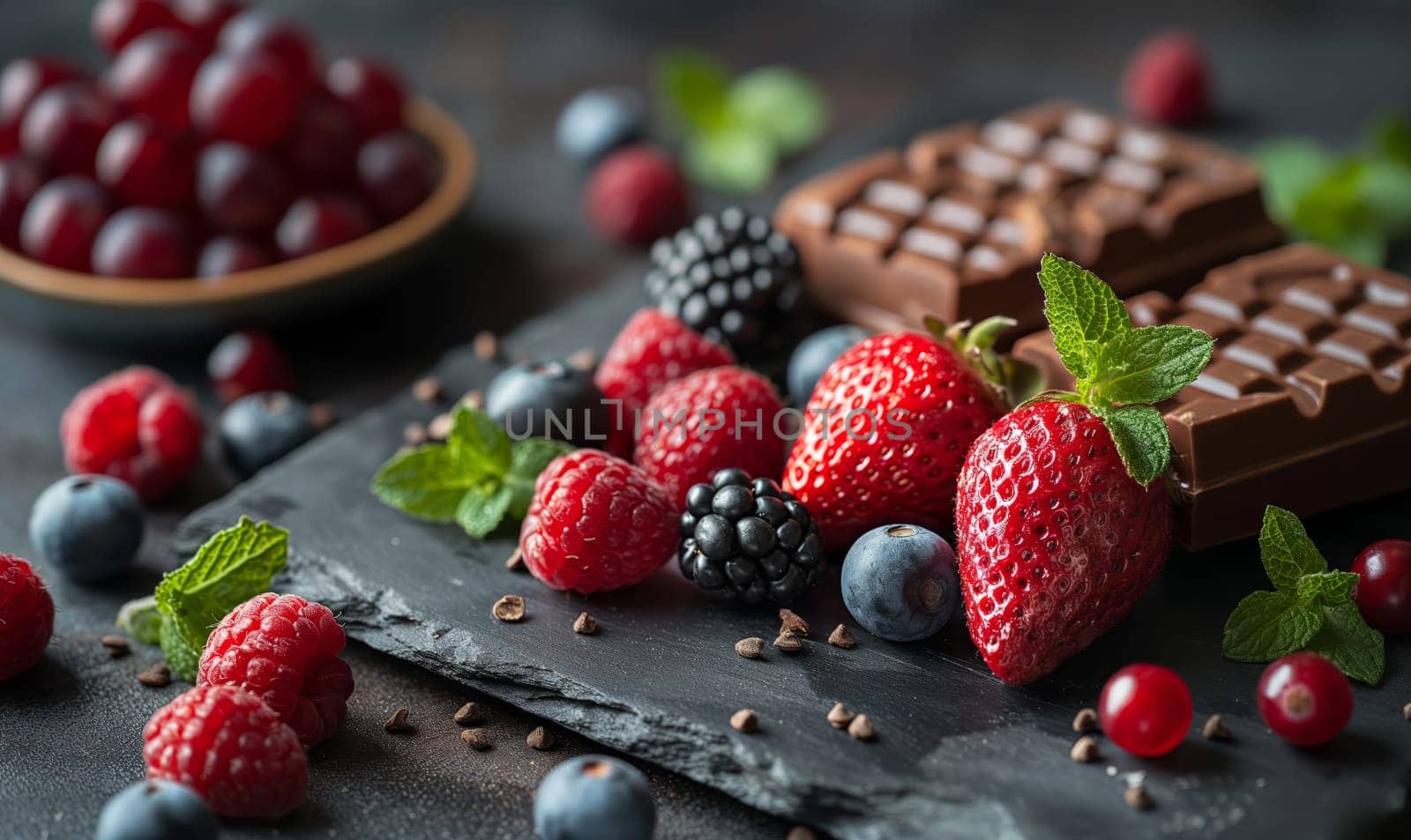 Chocolate and fresh berries on the table. by Fischeron