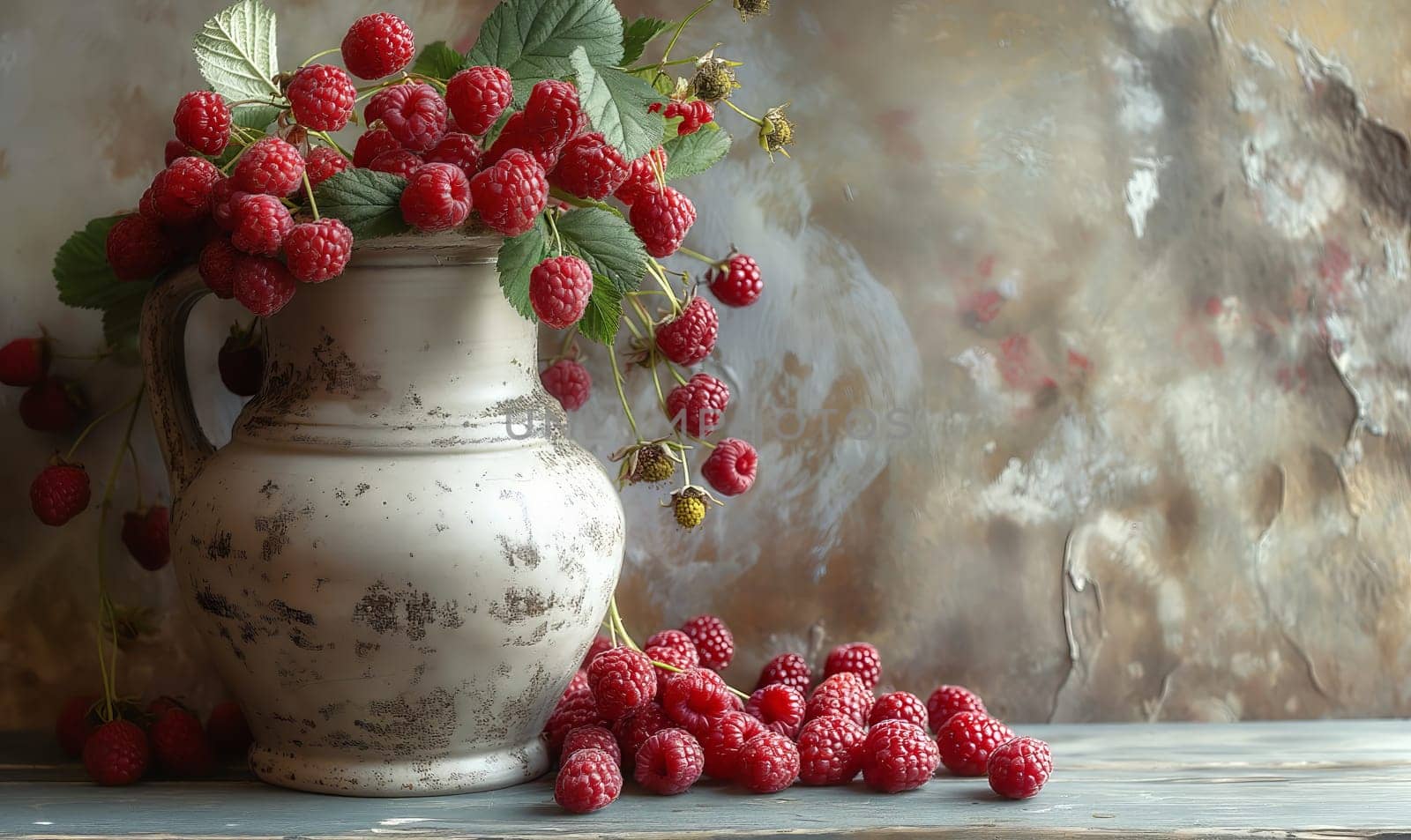 Ripe raspberries on the table and in a ceramic bowl. Selective soft focus.