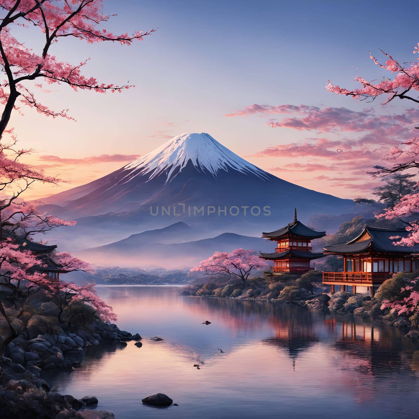 Japanese pagoda gracefully reflected on tranquil surface of lake, surrounded by lush greenery, embodying sense of peace, harmony. For interior, commercial spaces to create stylish atmosphere, print