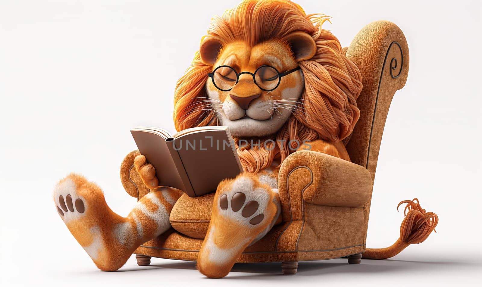 3D illustration of a lion reading a book. Selective soft focus.