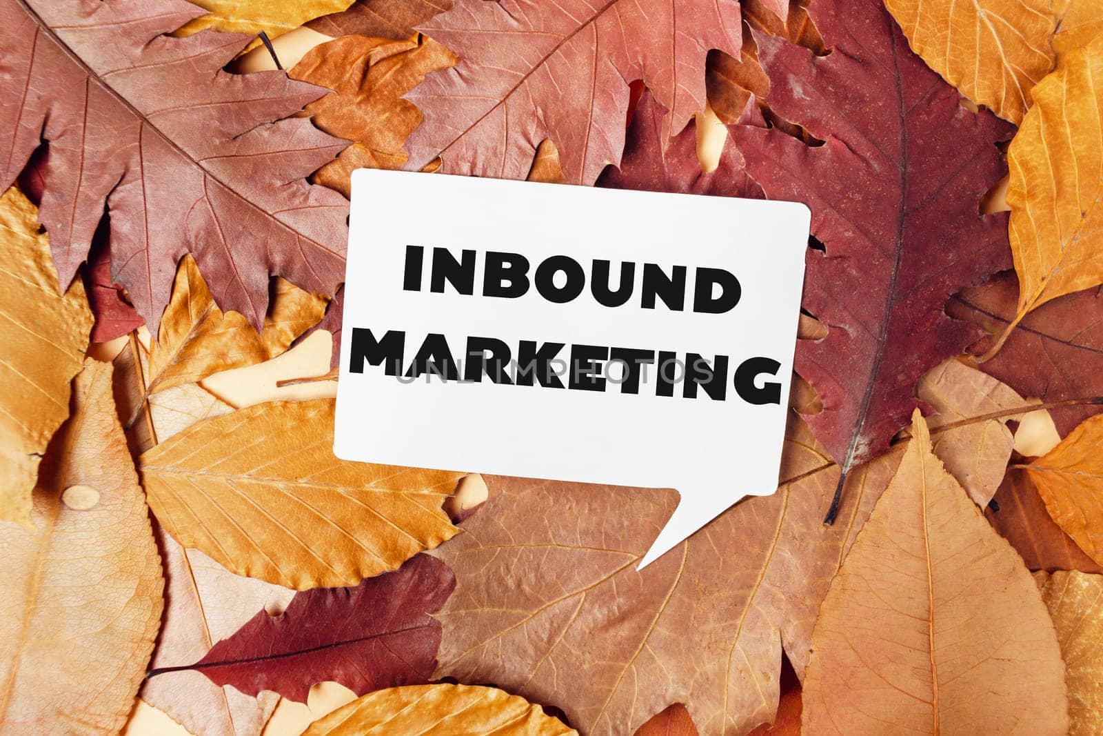 A white sign with the word Inbound Marketing written on it is placed on top of a pile of autumn leaves
