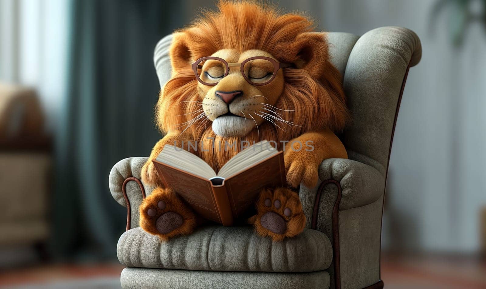 3D illustration of a lion reading a book. Selective soft focus.
