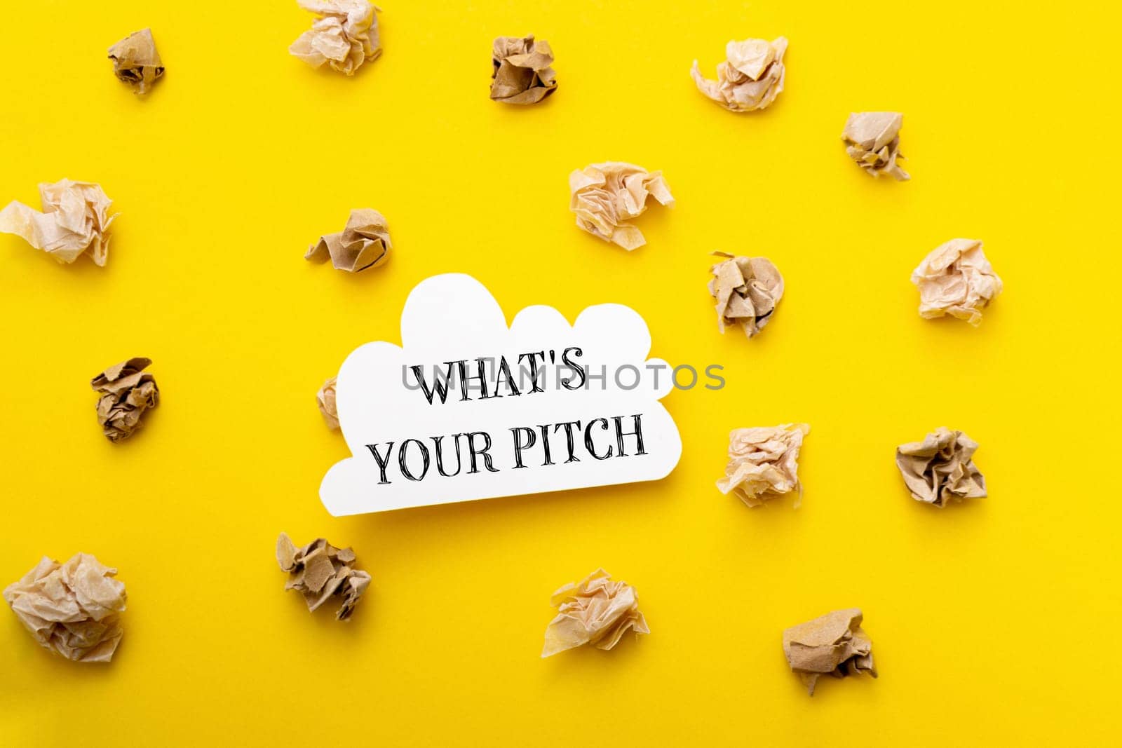 A yellow background with a white cloud and the words What's your pitch written on it
