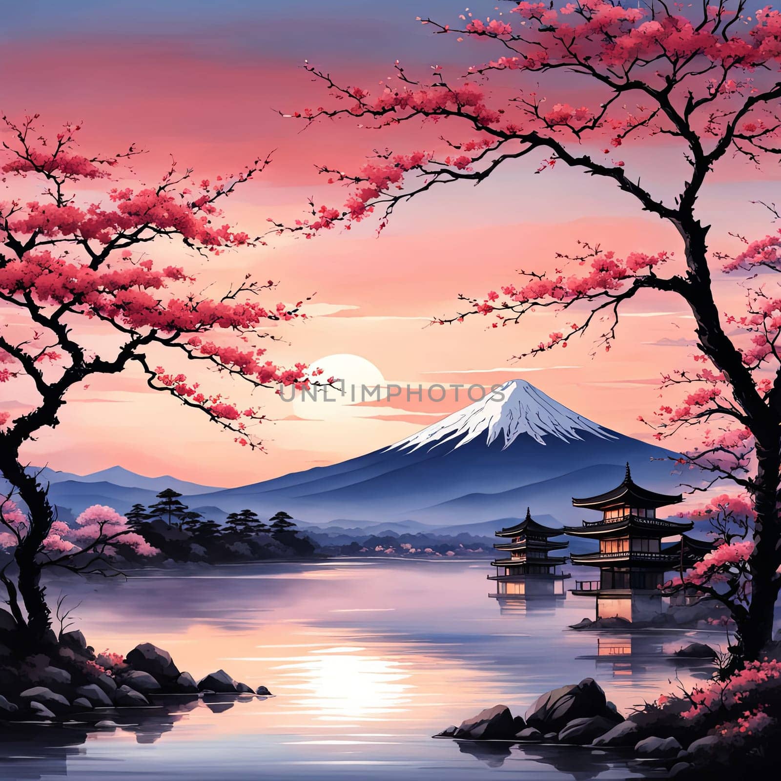 Japanese pagoda gracefully reflected on tranquil surface of lake, surrounded by lush greenery, embodying sense of peace, harmony. For interior, commercial spaces to create stylish atmosphere, print