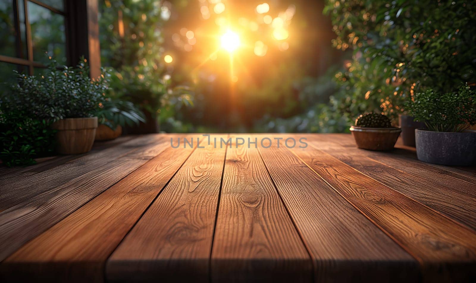 Wooden floor and plant leaves, tropical leaves blurred background. Selective soft focus.