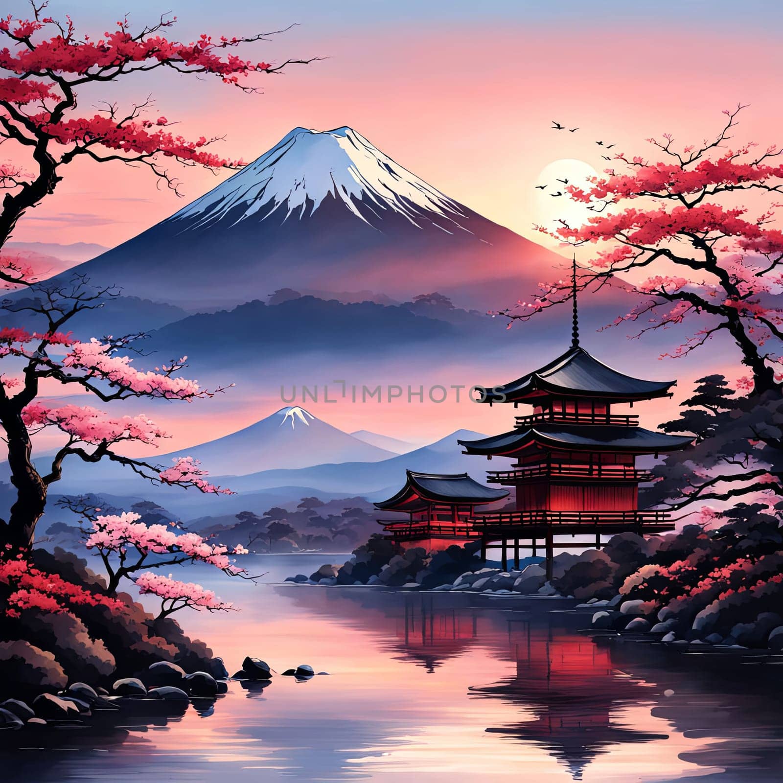 Japanese pagoda gracefully reflected on tranquil surface of lake, surrounded by lush greenery, embodying sense of peace, harmony. For interior, commercial spaces to create stylish atmosphere, print