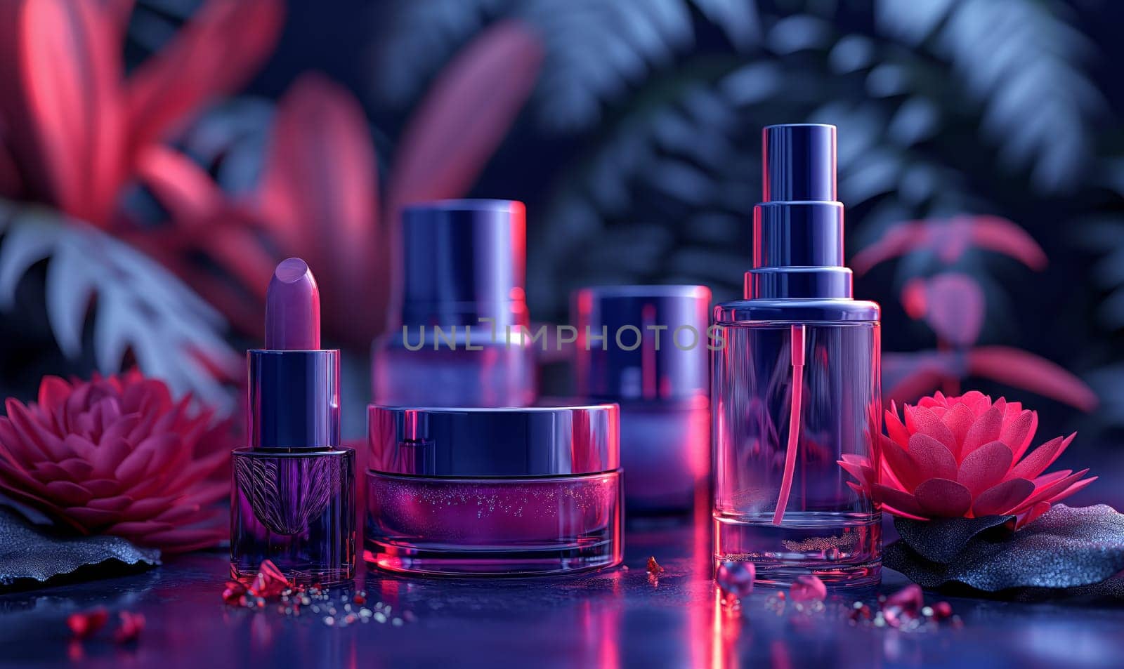 Cosmetic products on a background in color. Selective soft focus.