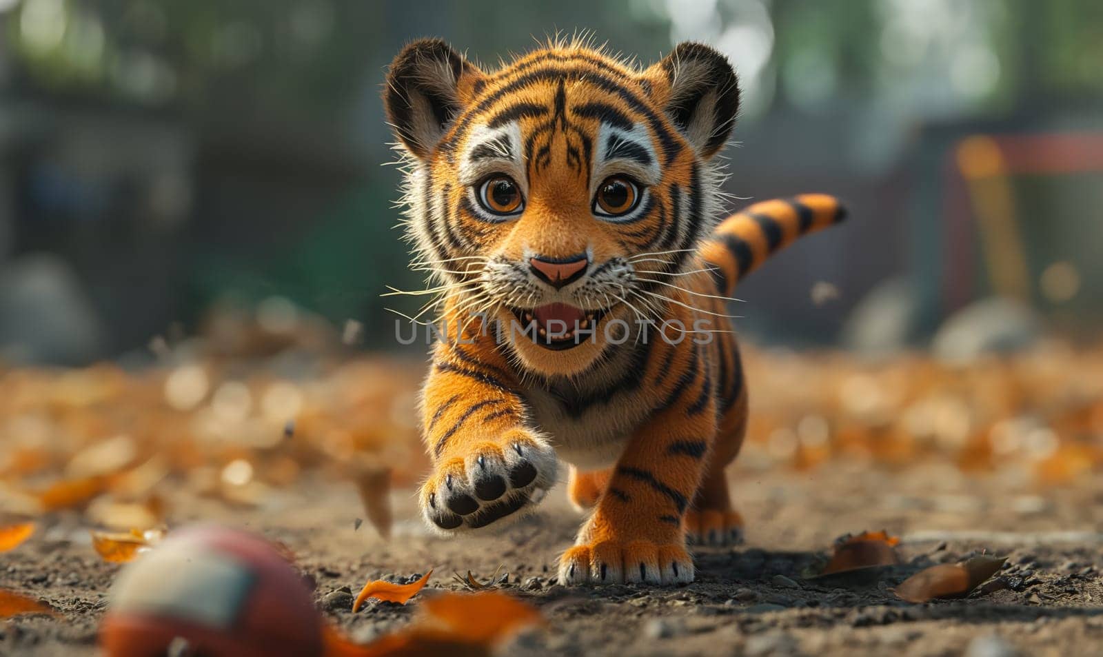 3D illustration of a tiger playing football. Selective soft focus.