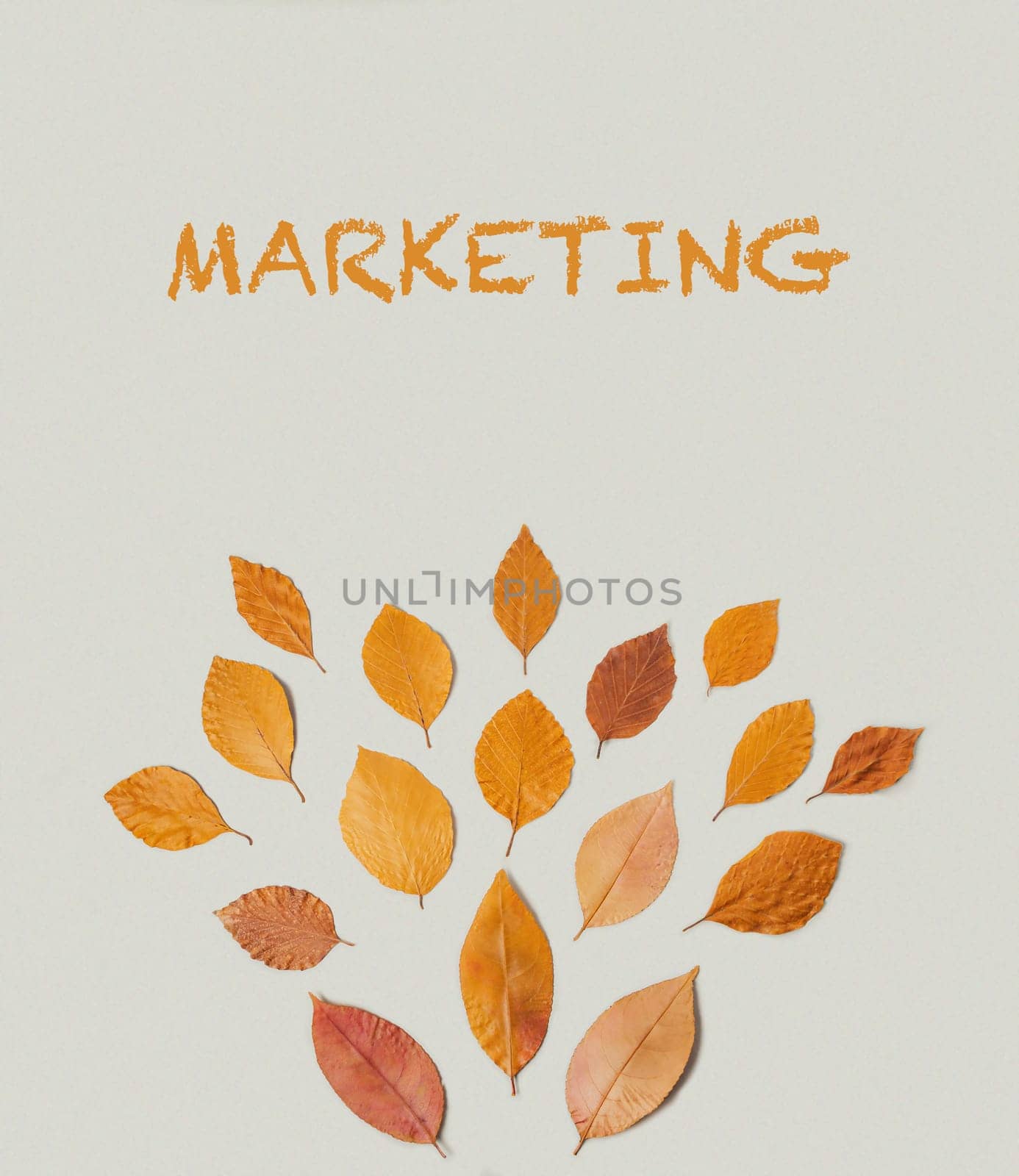 A leafy tree made of leaves with the word marketing written in orange. Concept of marketing and the importance of it