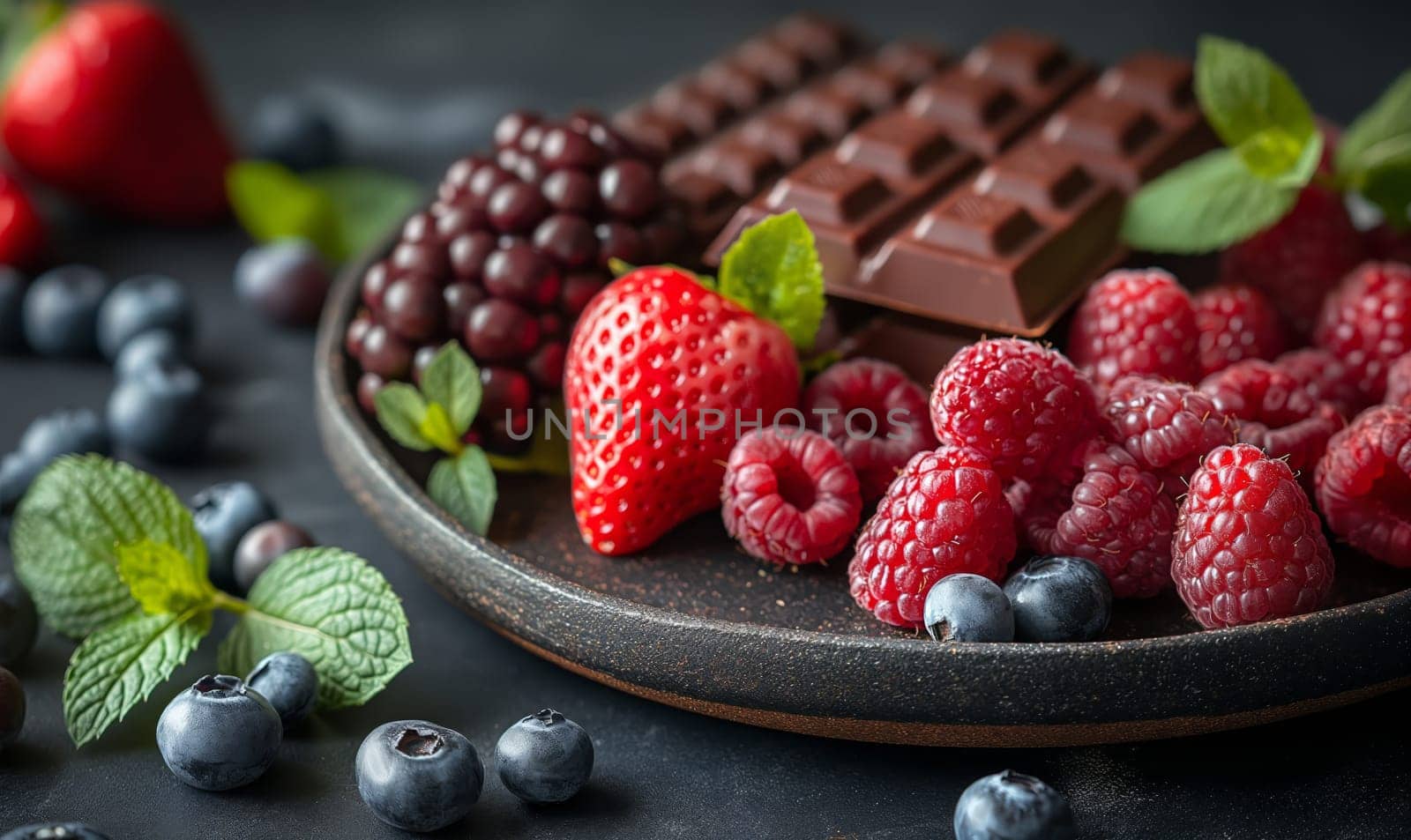 Chocolate and fresh berries on the table. Selective soft focus.