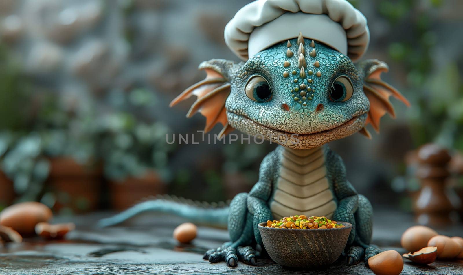 Illustration of a baby dragon preparing food. Selective soft focus.