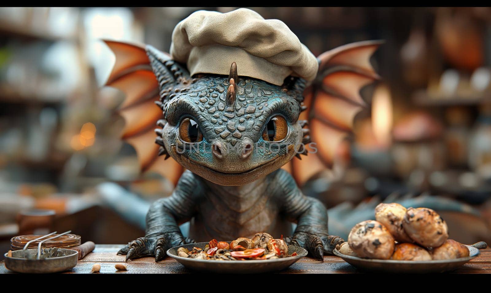 Illustration of a baby dragon preparing food. Selective soft focus.