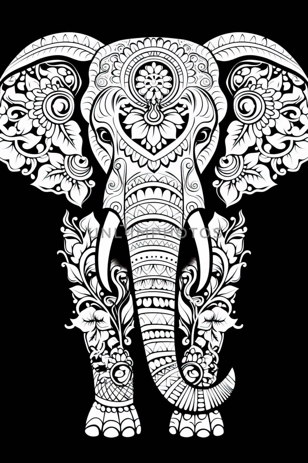 Black and white illustration for coloring animals, elephant. Selective soft focus